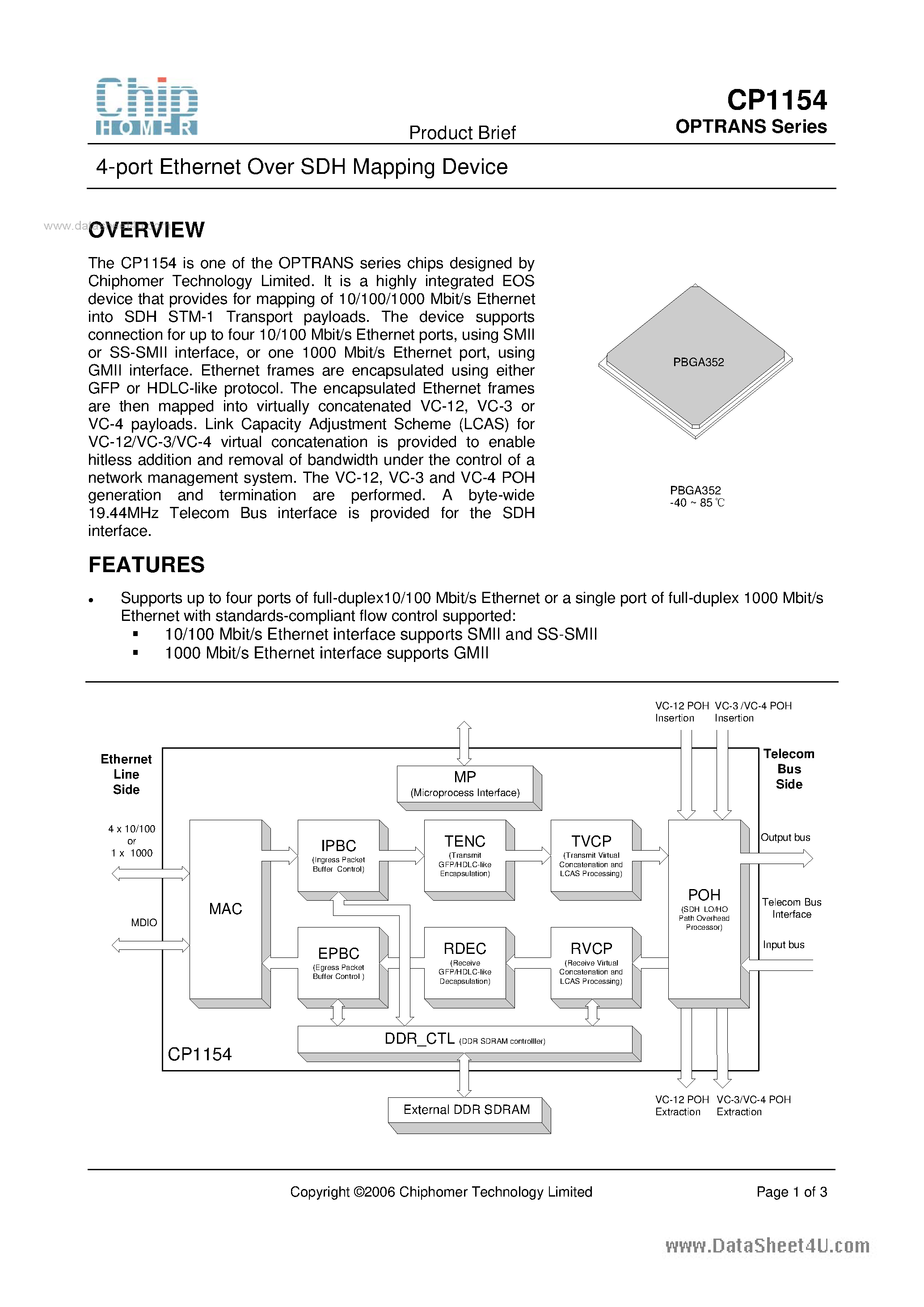 Datasheet CP1154 - 4-port Ethernet Over SDH Mapping Device page 1