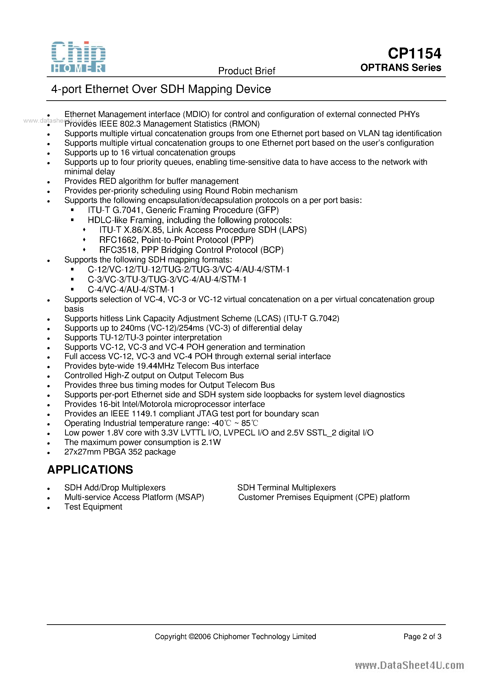 Datasheet CP1154 - 4-port Ethernet Over SDH Mapping Device page 2