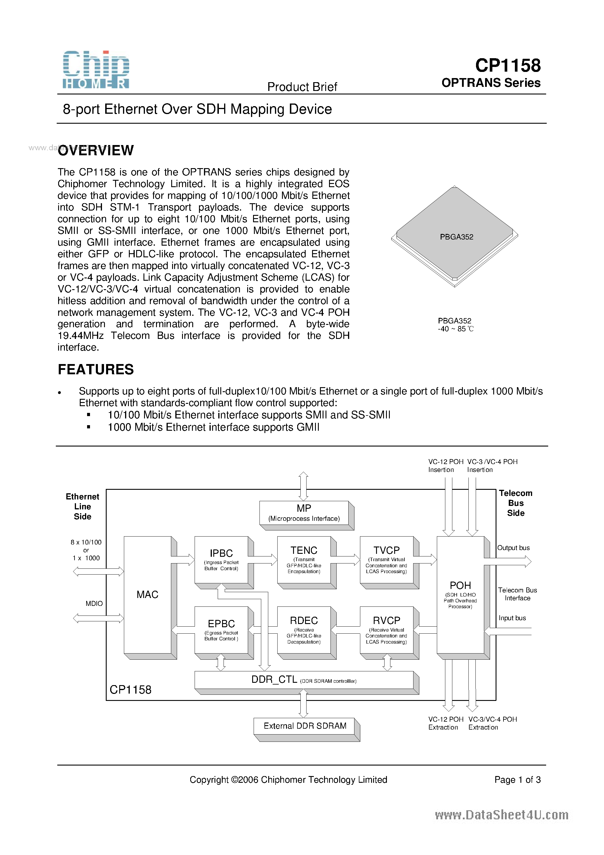 Даташит на микросхему CP1158 страница 1 Даташит CP1158 - 8-port Ethernet Over SDH Mapping Device страница 1