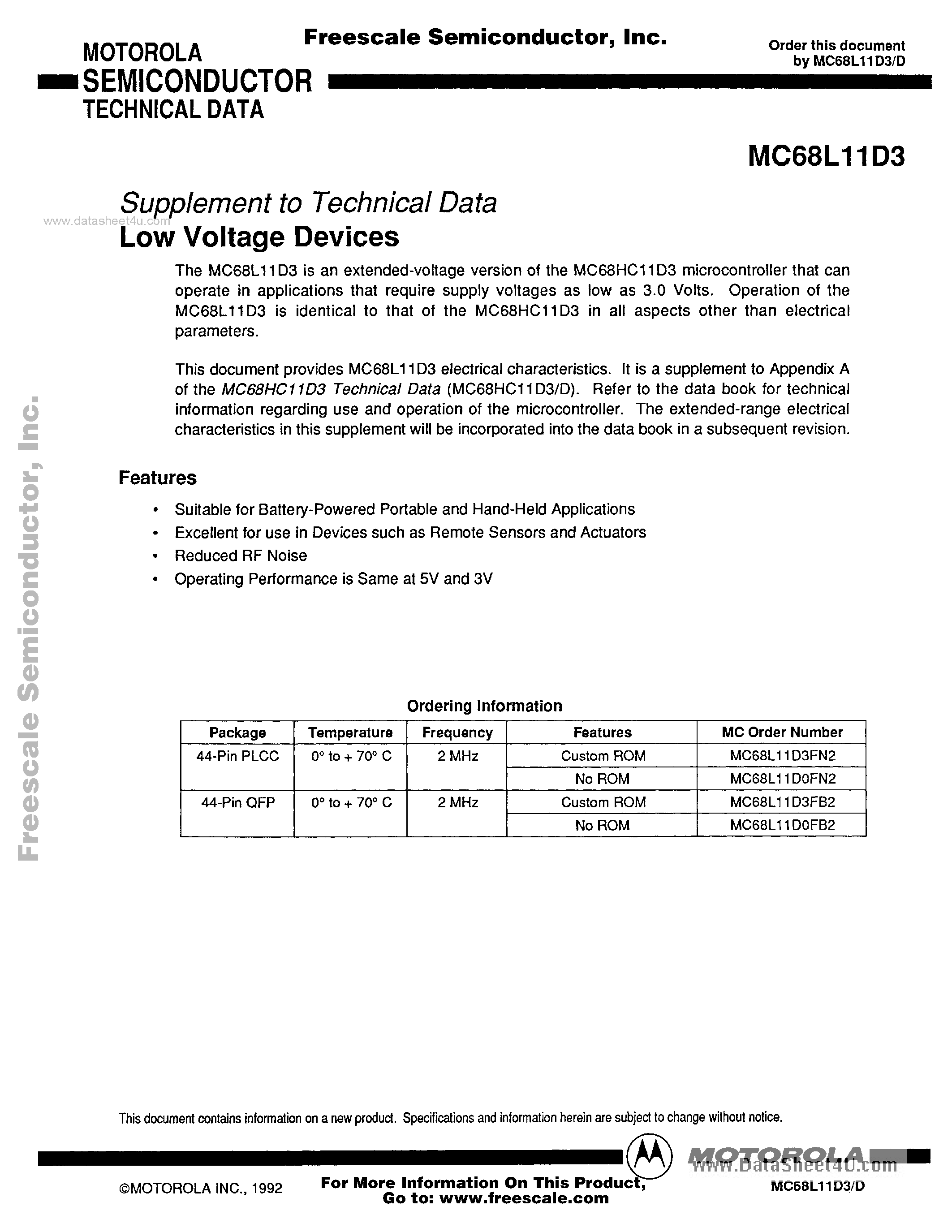 Даташит на микросхему MC68L11D3 страница 1 Даташит MC68L11D3 - MICROCONTROLLER страница 1