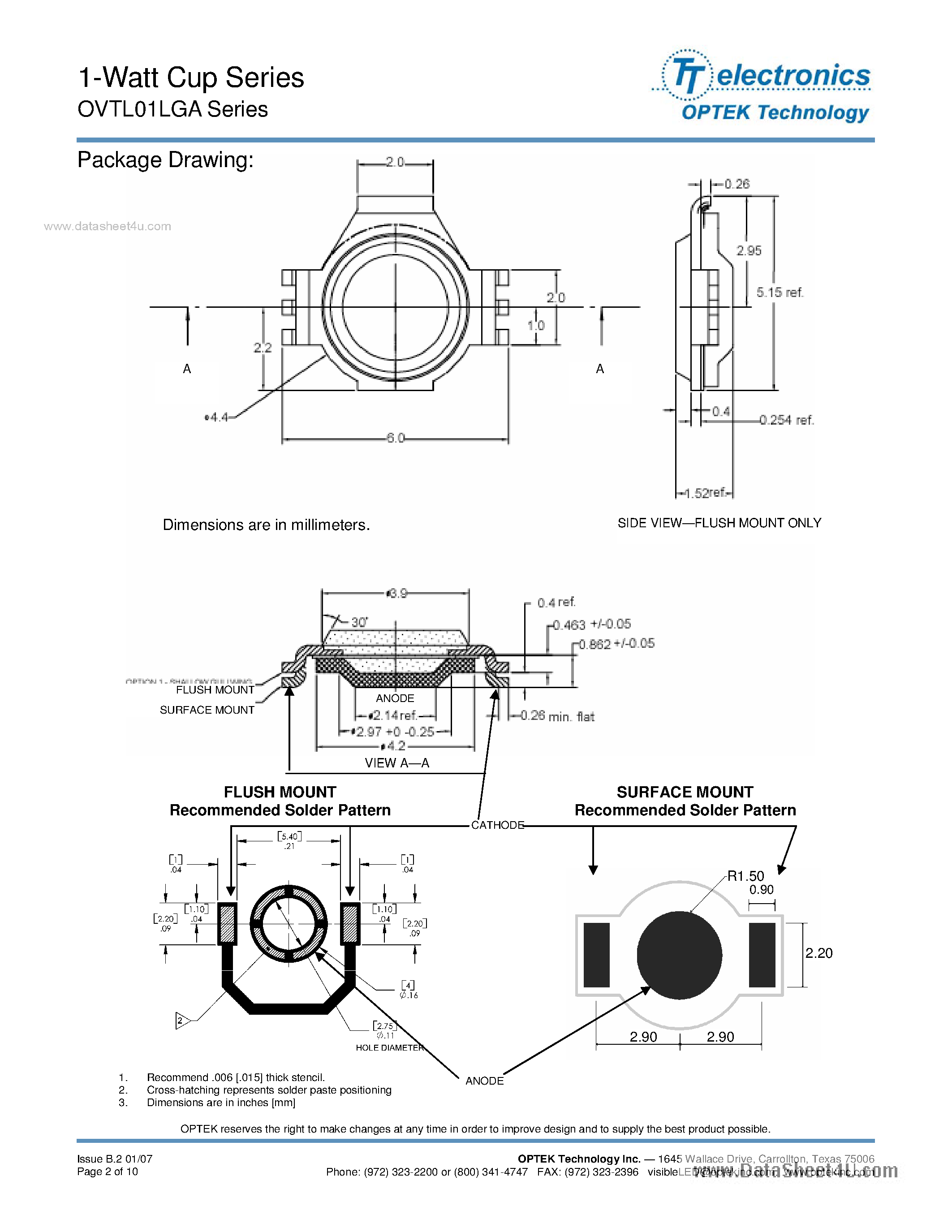 Datasheet OVTL01LGAAS - 1-Watt Cup Series Flush Mount and Surface Mount Packages page 2