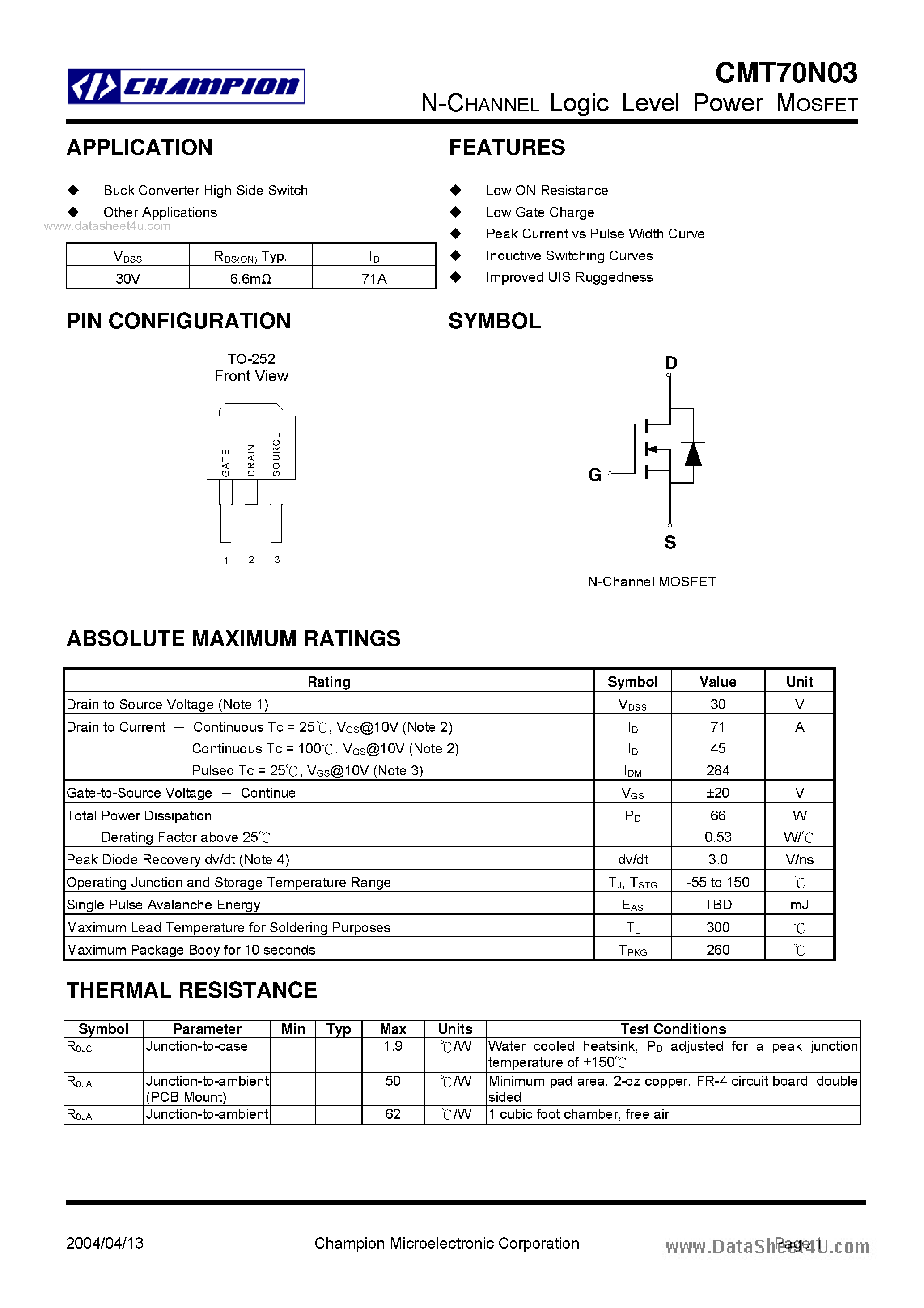 Datasheet CMT70N03 - N-CHANNEL LOGIC LEVEL POWER MOSFET page 1