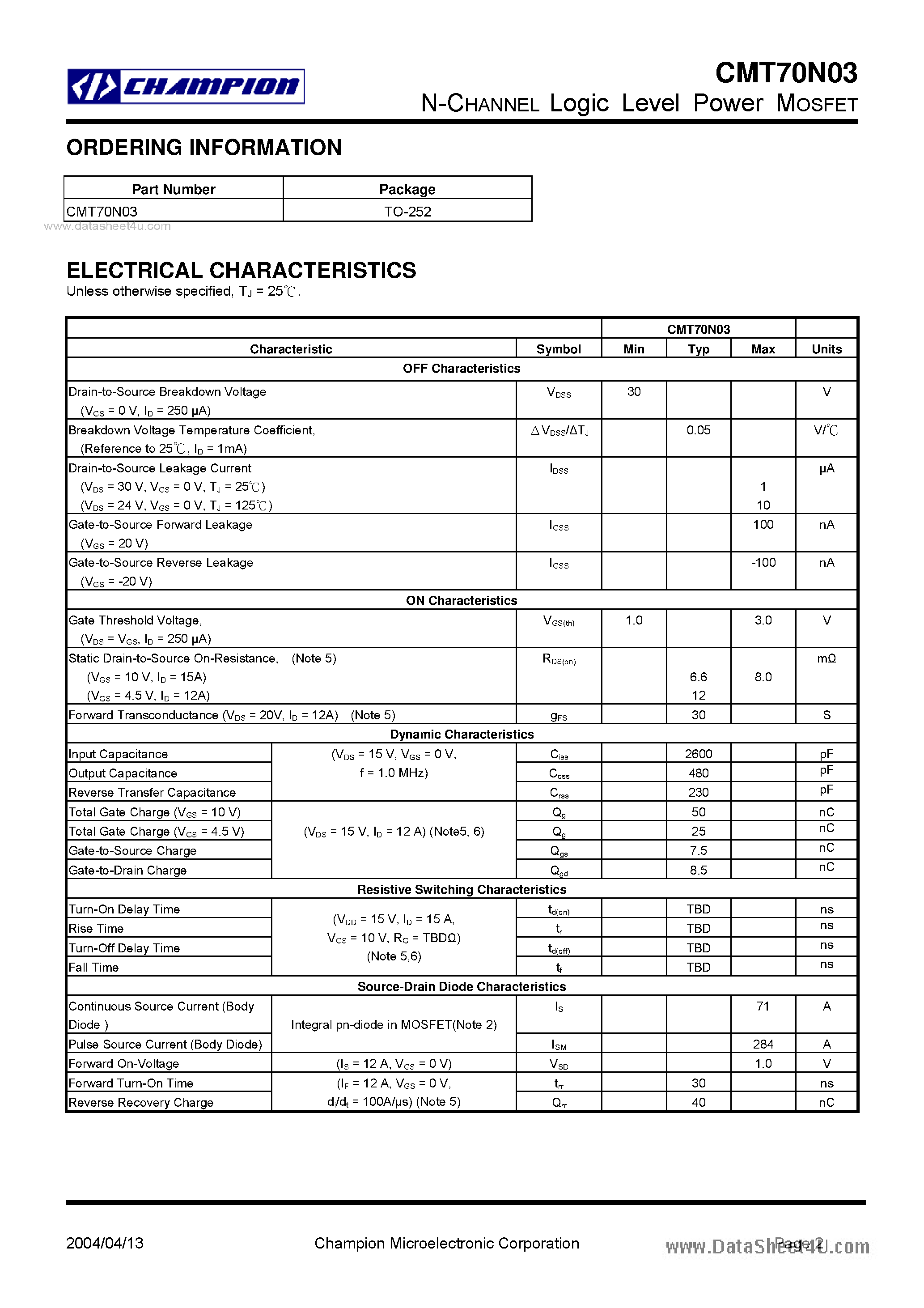 Datasheet CMT70N03 - N-CHANNEL LOGIC LEVEL POWER MOSFET page 2