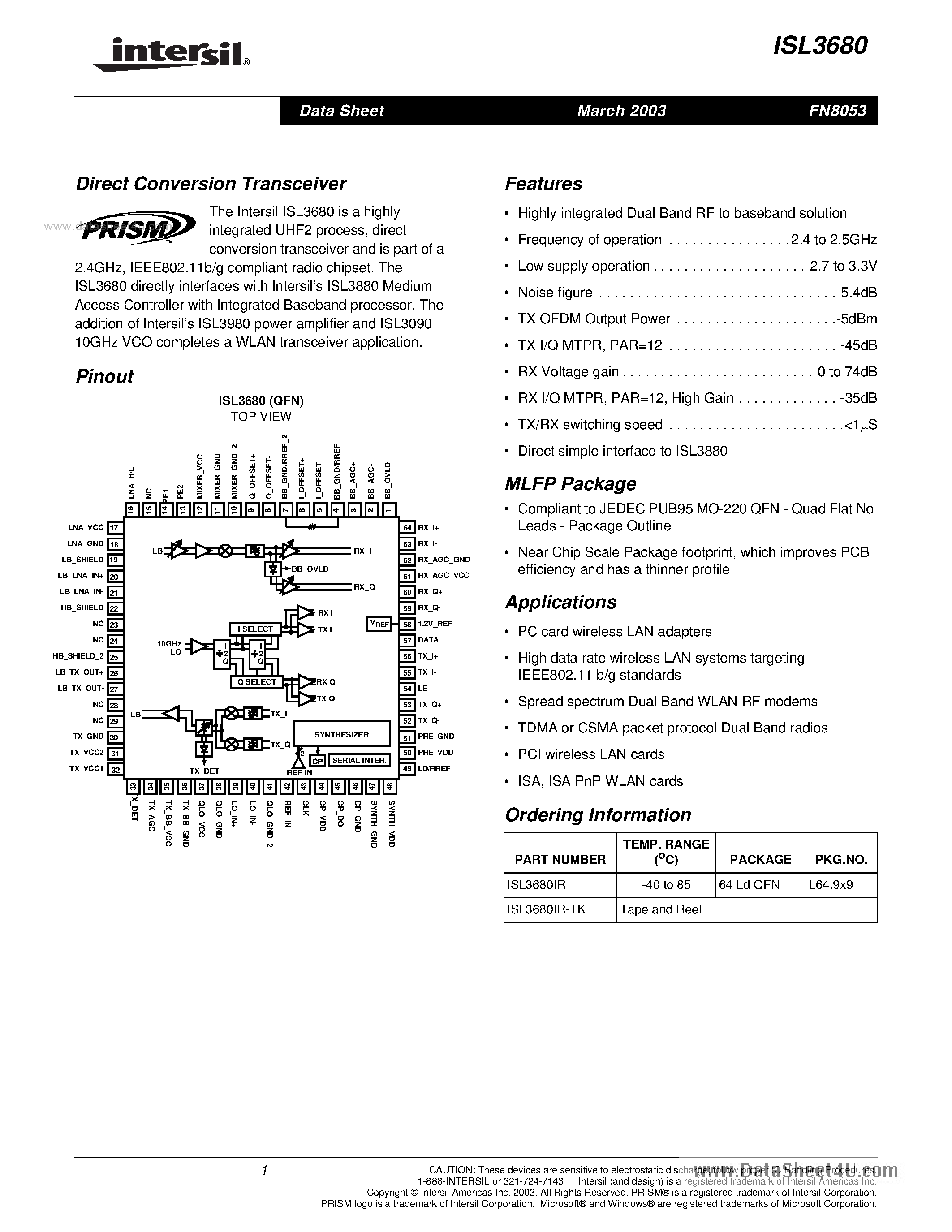 Даташит ISL3680 - Direct Conversion Transceiver страница 1