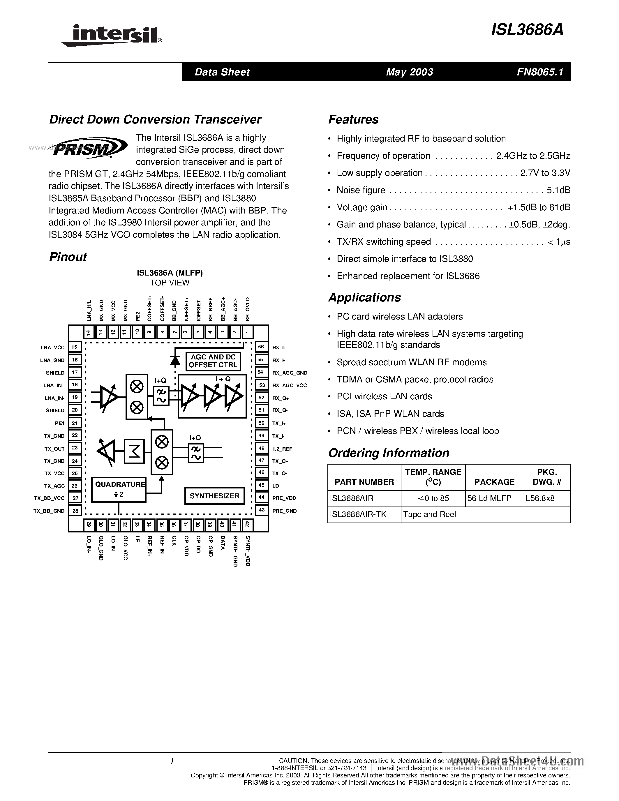 Даташит ISL3686A - Direct Down Conversion Transceiver страница 1