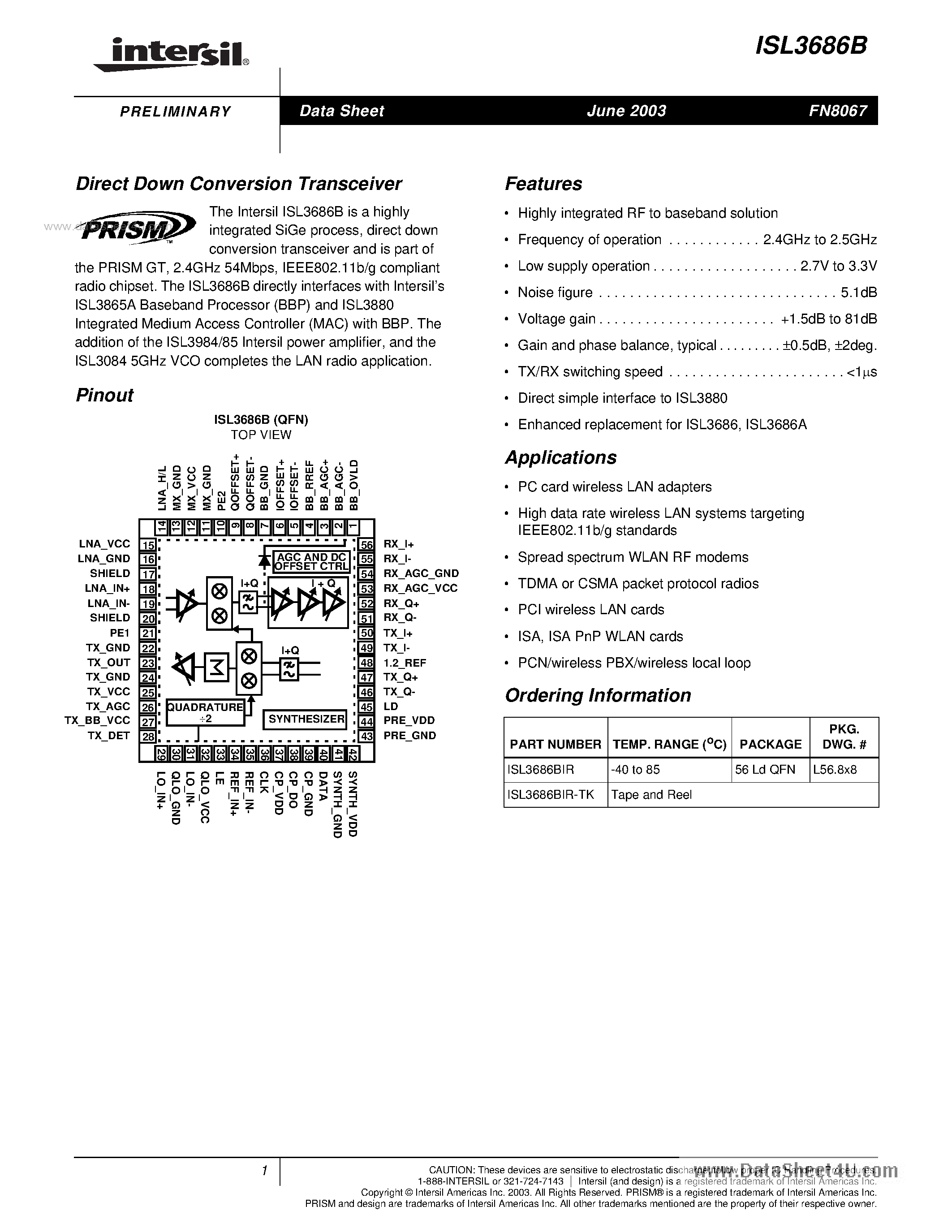 Даташит ISL3686B - Direct Down Conversion Transceiver страница 1