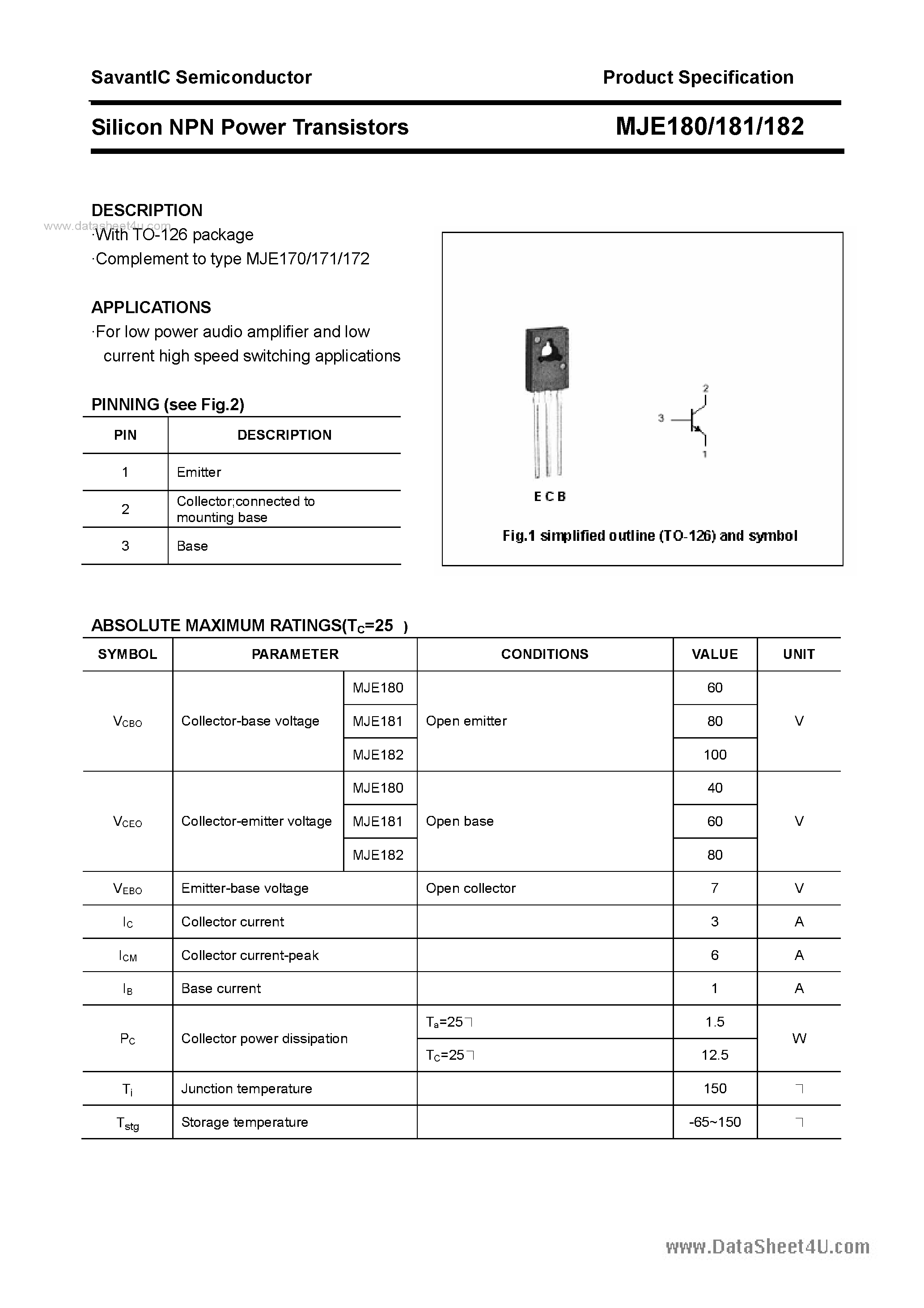 Даташит на микросхему MJE180 страница 1 Даташит MJE180 - (MJE180 - MJE182) SILICON POWER TRANSISTOR страница 1