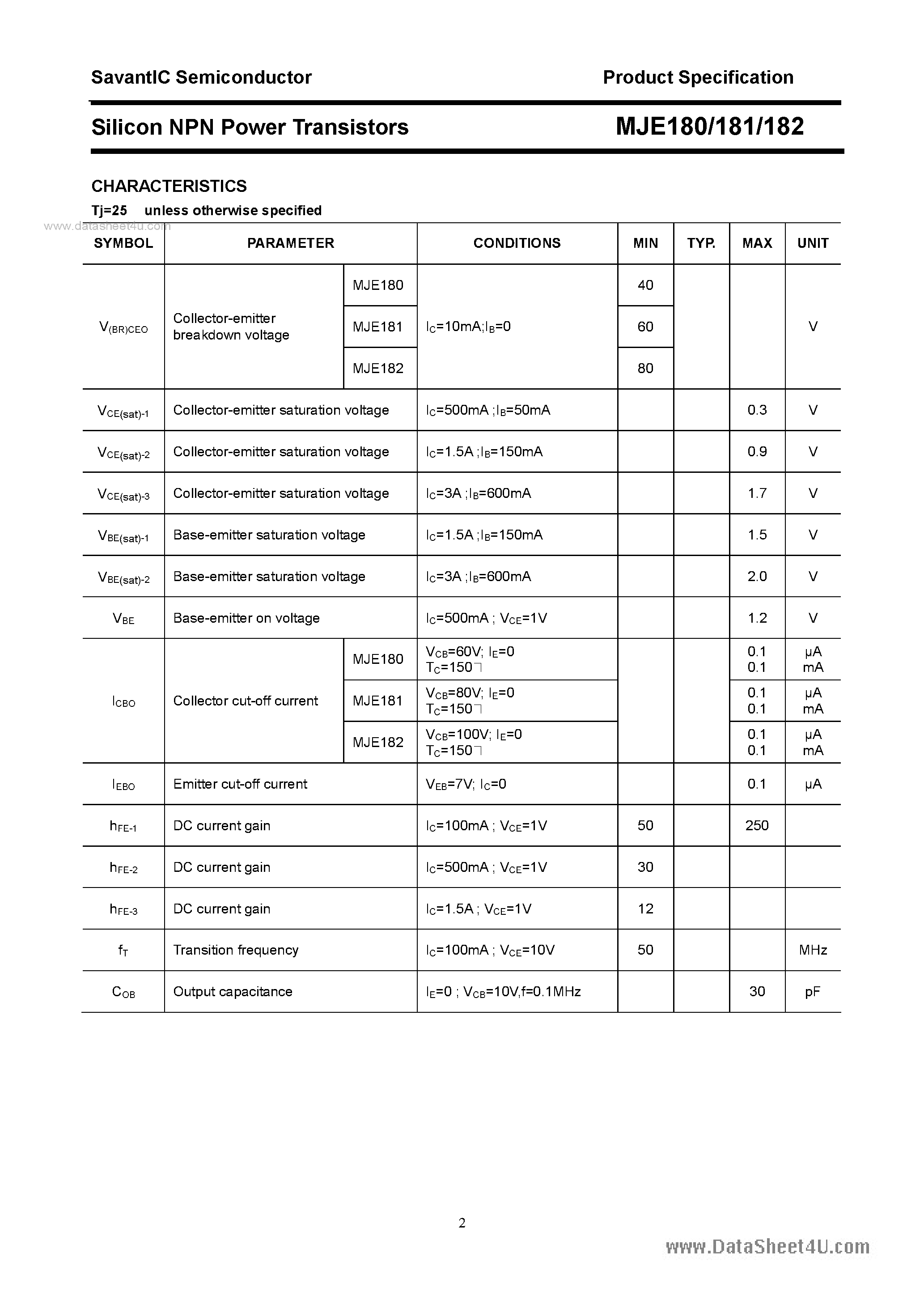 Даташит на микросхему MJE180 страница 2 Даташит MJE180 - (MJE180 - MJE182) SILICON POWER TRANSISTOR страница 2