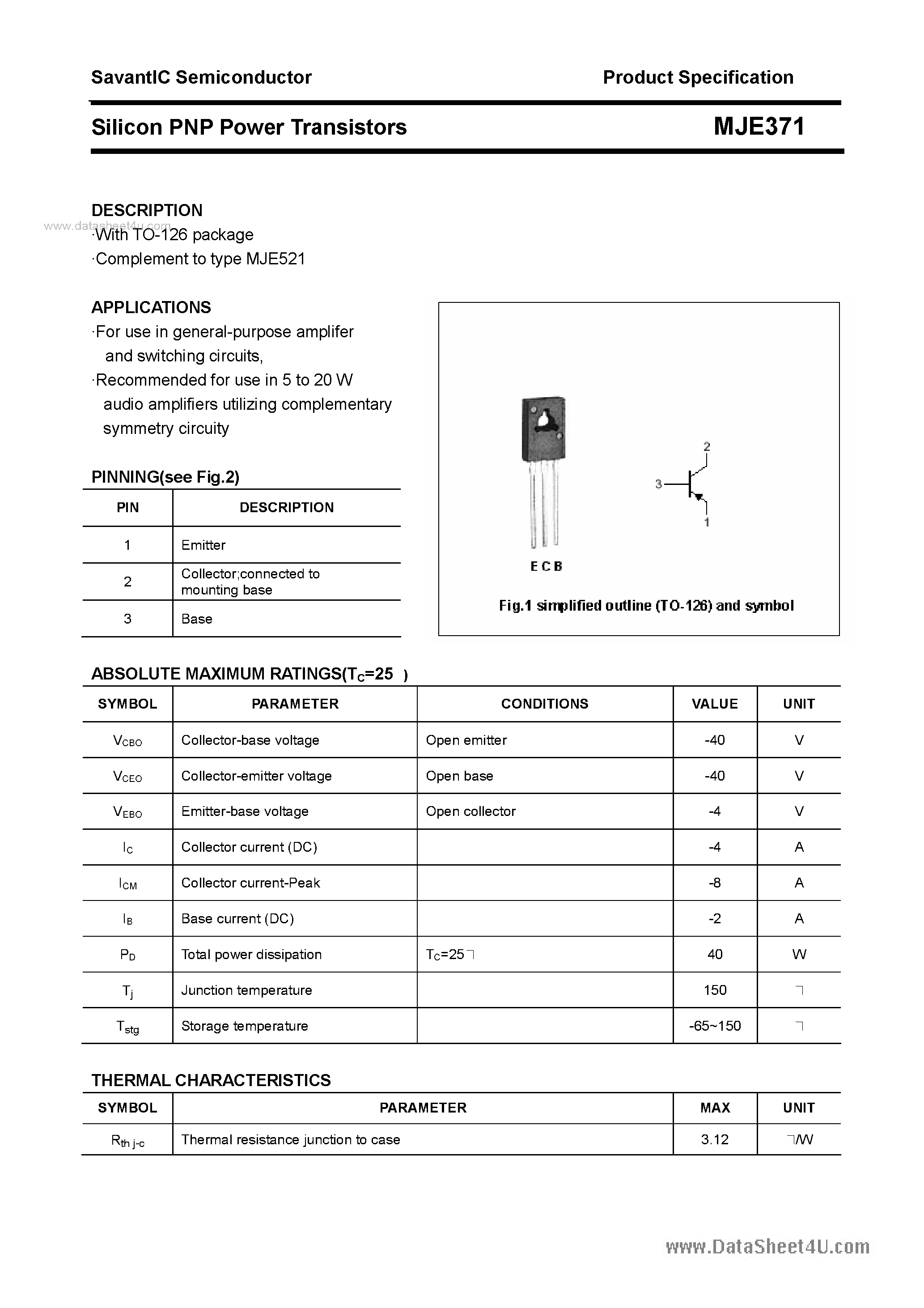 Datasheet MJE371 - SILICON POWER TRANSISTOR page 1