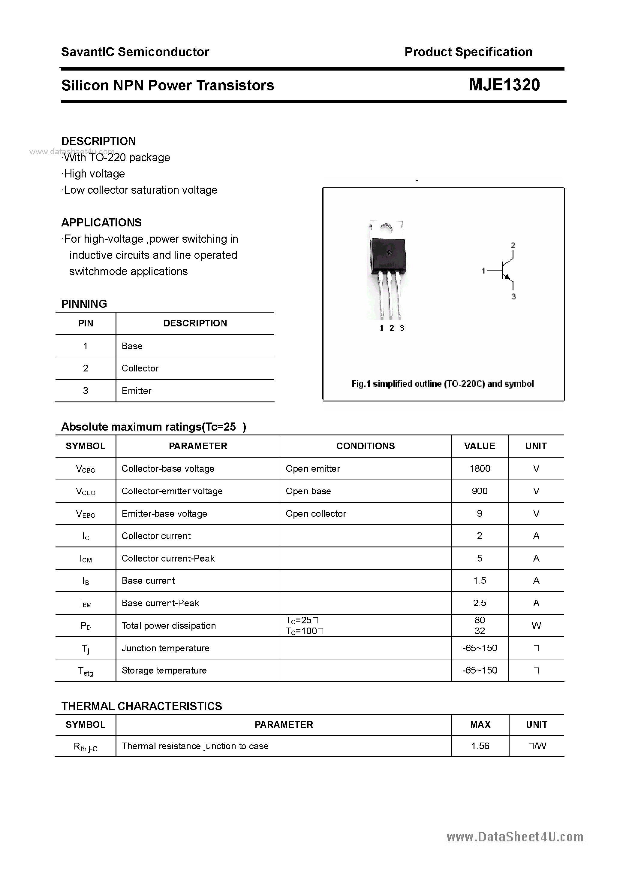 Datasheet MJE1320 - SILICON POWER TRANSISTOR page 1