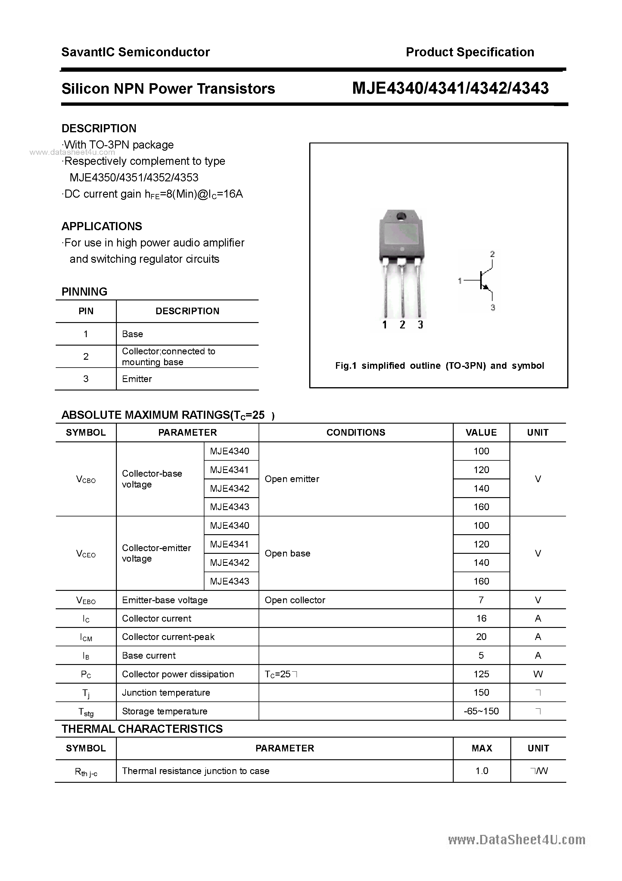 Даташит на микросхему MJE4340 страница 1 Даташит MJE4340 - (MJE4340 - MJE4343) SILICON POWER TRANSISTOR страница 1