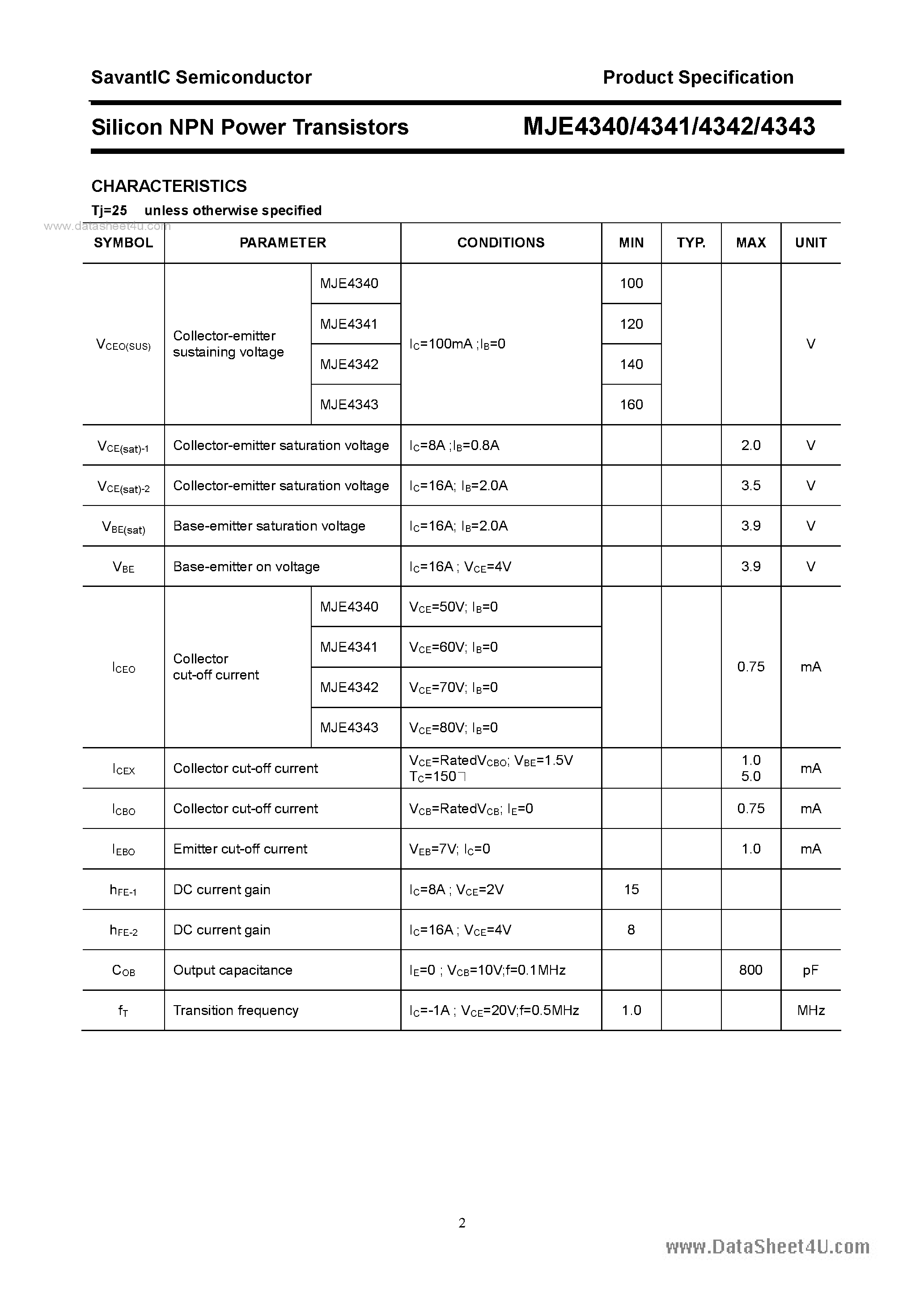 Даташит на микросхему MJE4340 страница 2 Даташит MJE4340 - (MJE4340 - MJE4343) SILICON POWER TRANSISTOR страница 2