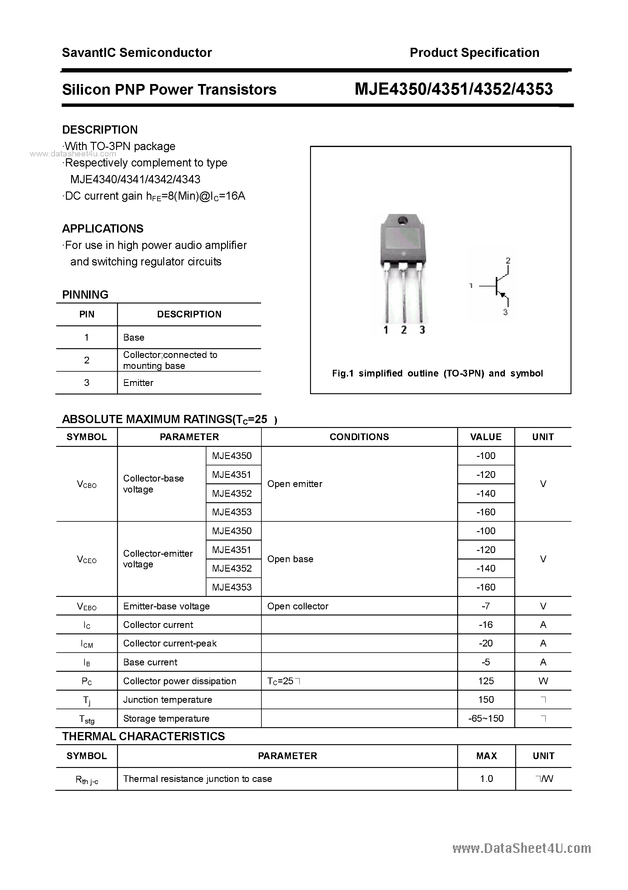 Datasheet MJE4351 page 1 Datasheet MJE4351 - (MJE4350 - MJE4353) SILICON POWER TRANSISTOR page 1