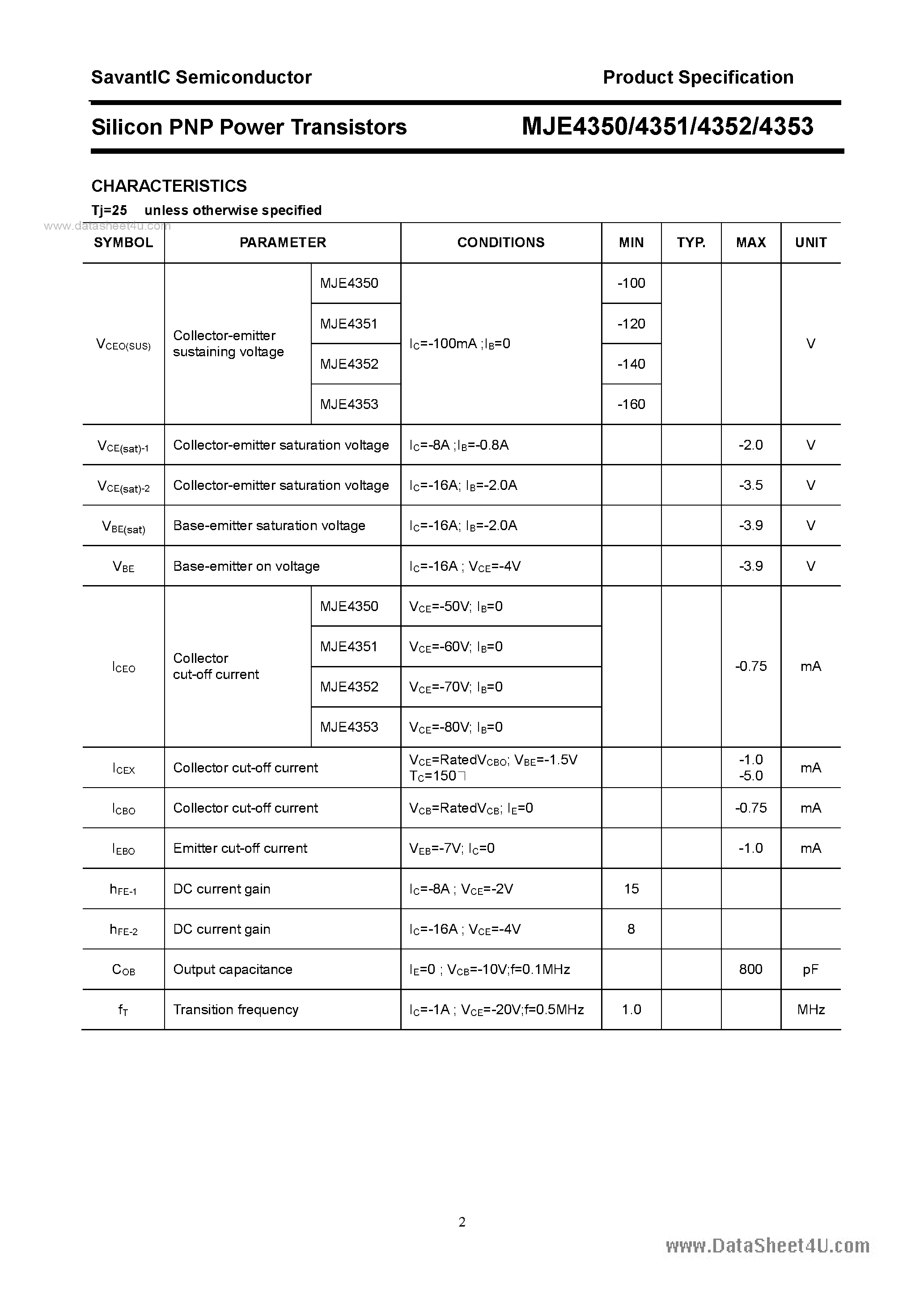 Datasheet MJE4351 page 2 Datasheet MJE4351 - (MJE4350 - MJE4353) SILICON POWER TRANSISTOR page 2