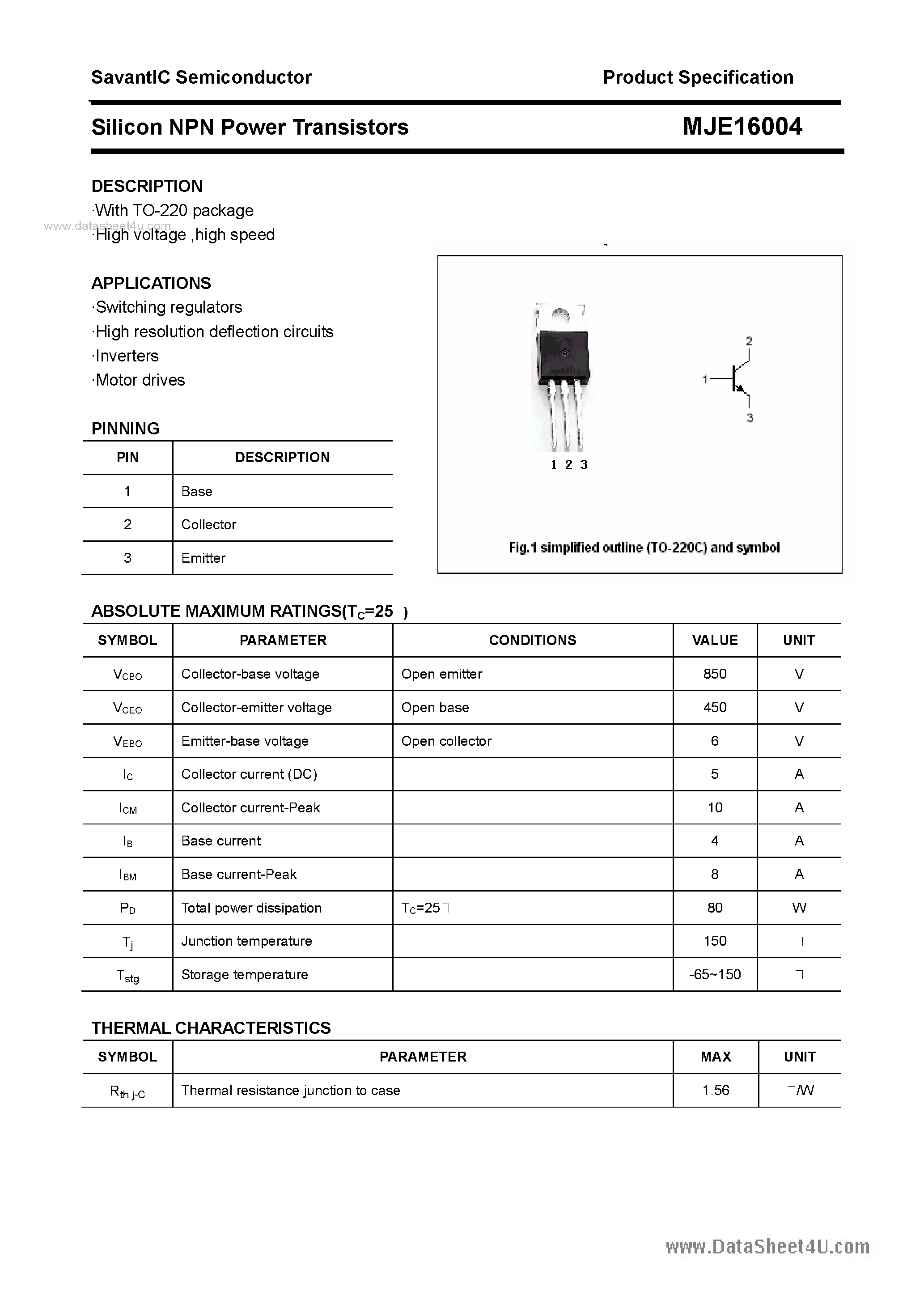 Datasheet MJE16004 - SILICON POWER TRANSISTOR page 1