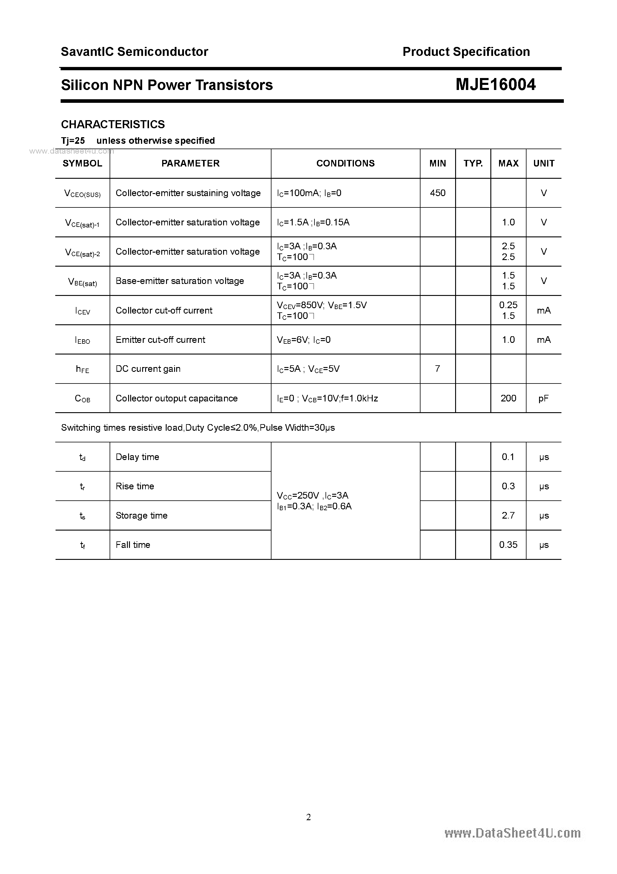 Datasheet MJE16004 - SILICON POWER TRANSISTOR page 2