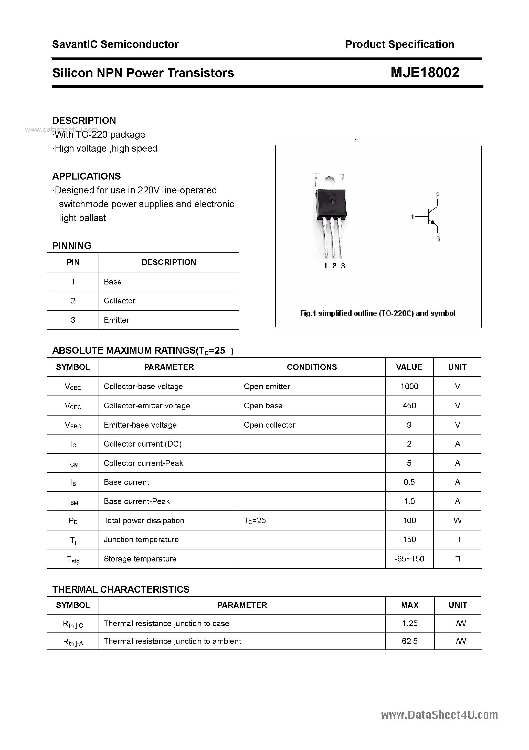 Datasheet MJE18002 - SILICON POWER TRANSISTOR page 1