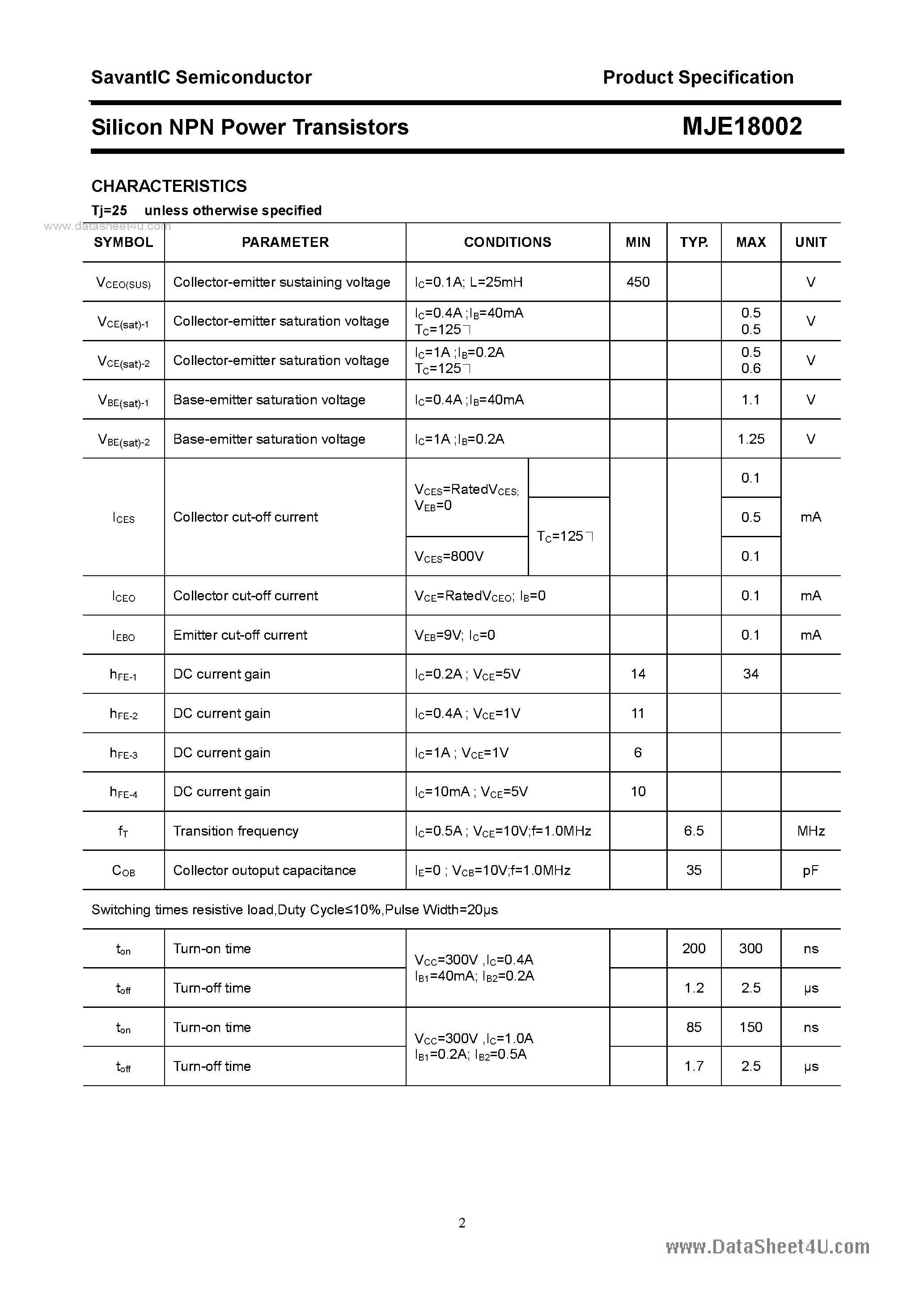 Datasheet MJE18002 - SILICON POWER TRANSISTOR page 2