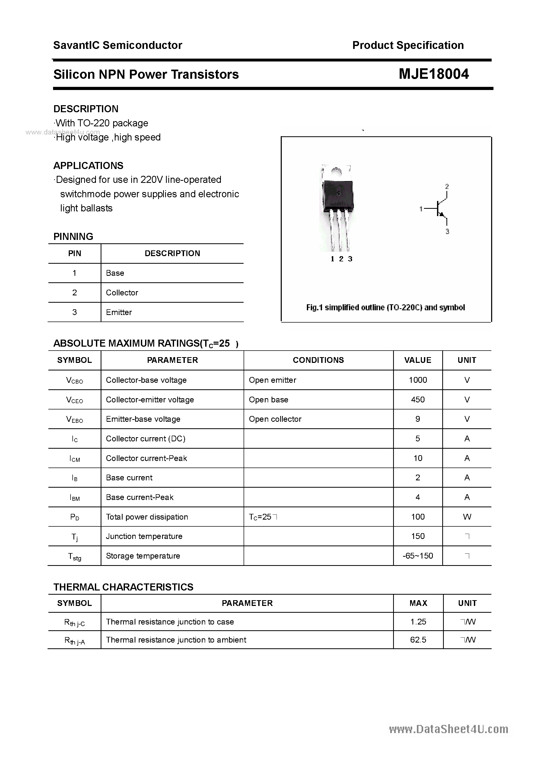 Datasheet MJE18004 - SILICON POWER TRANSISTOR page 1