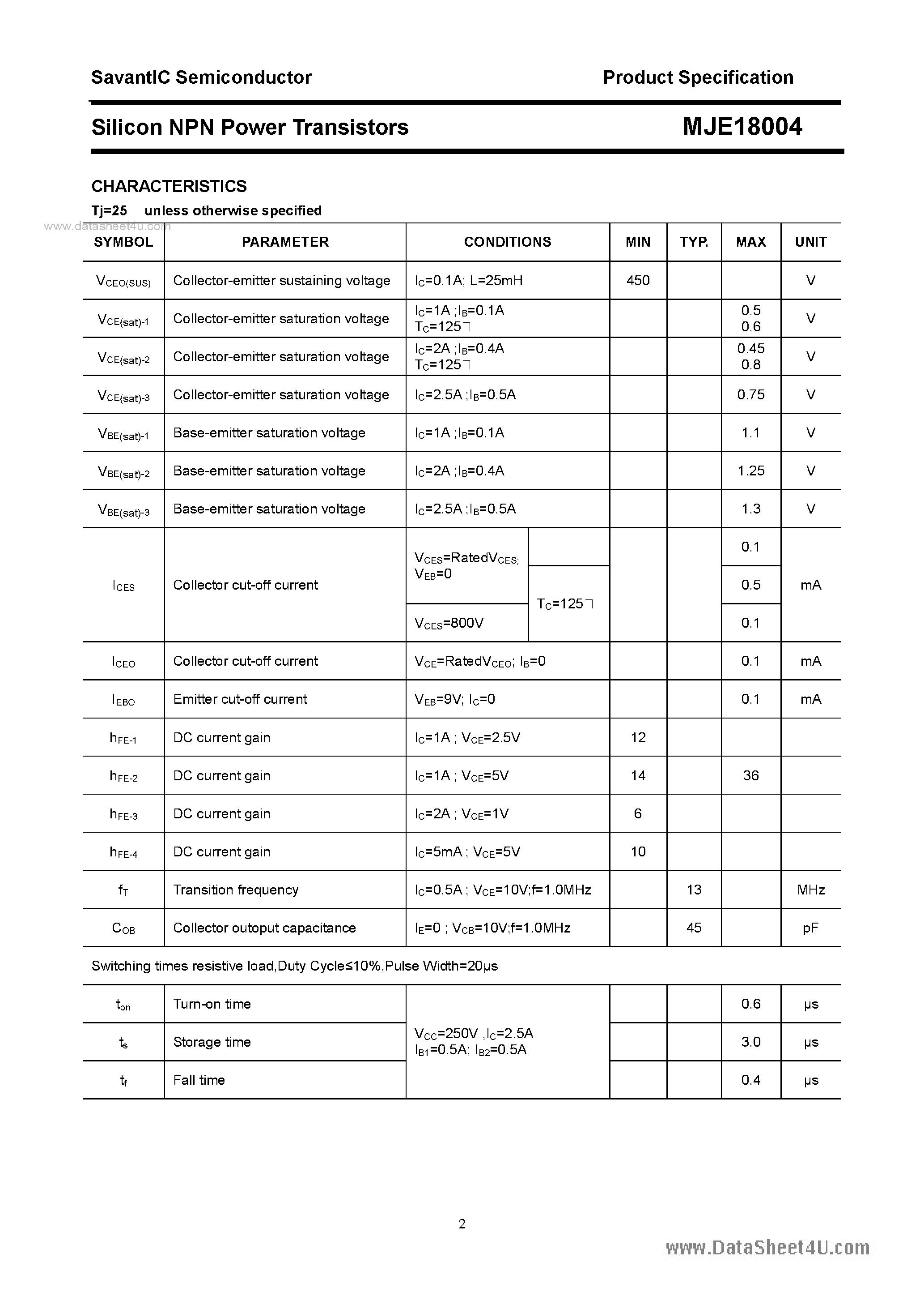 Datasheet MJE18004 - SILICON POWER TRANSISTOR page 2