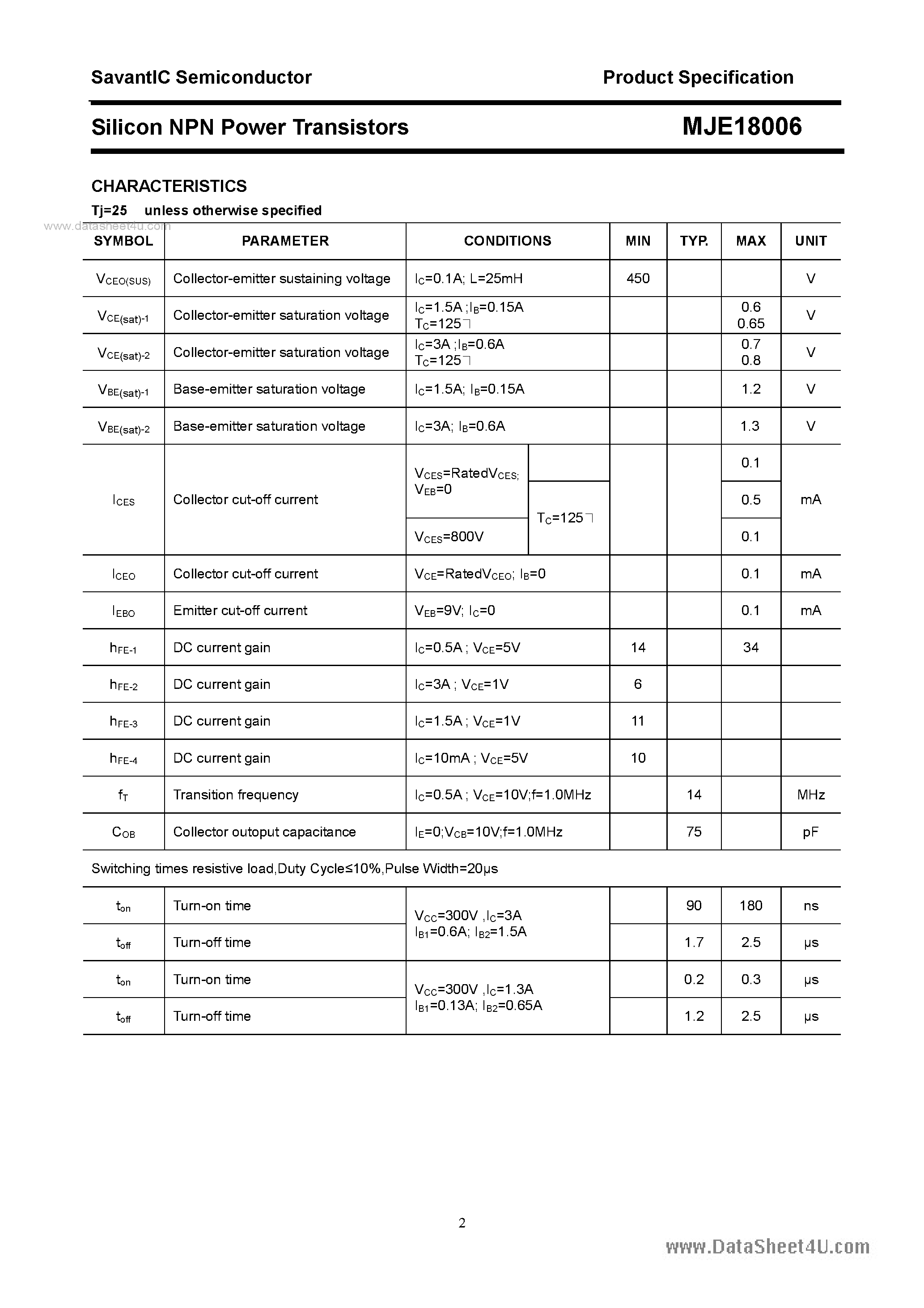 Datasheet MJE18006 - SILICON POWER TRANSISTOR page 2