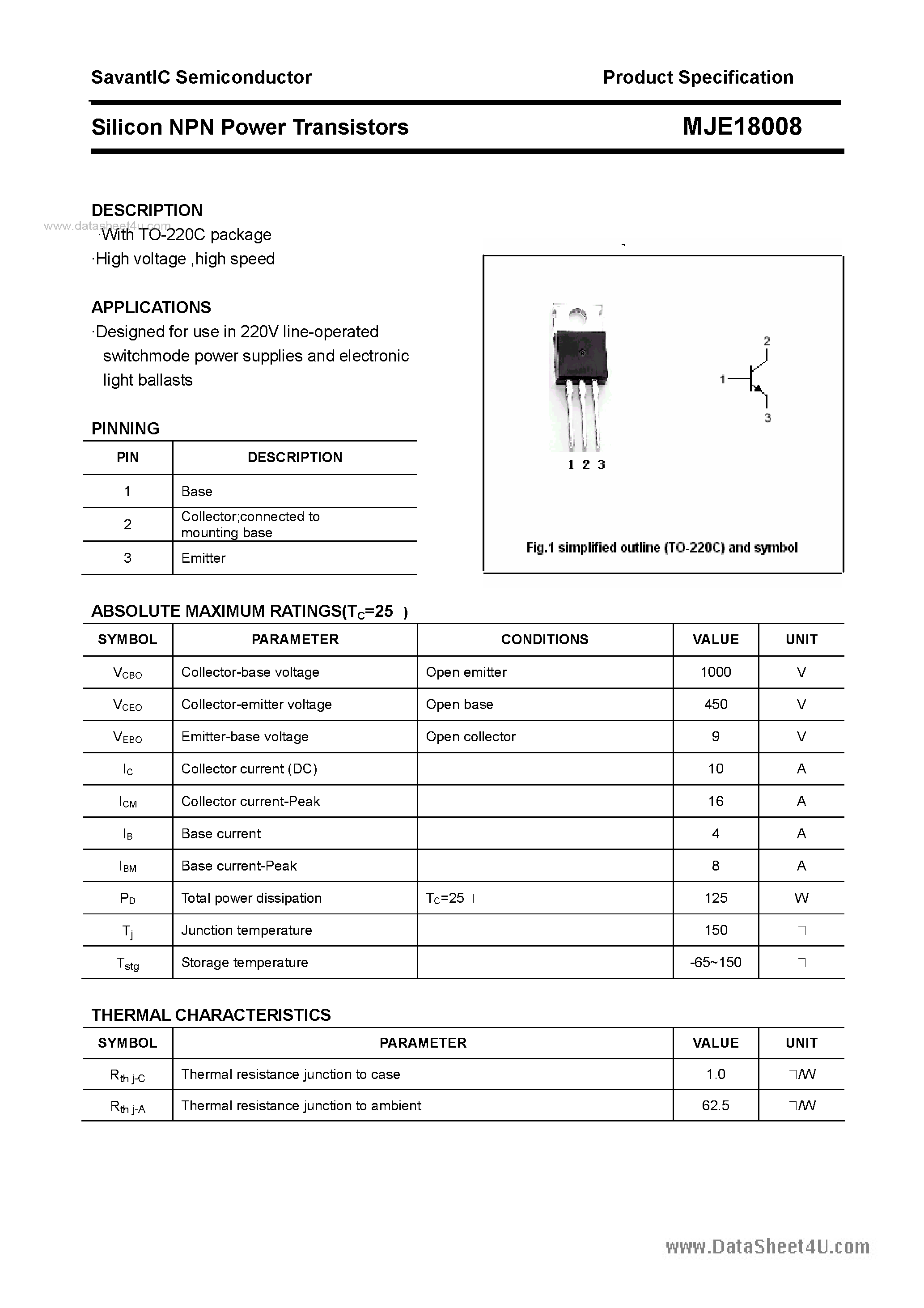 Datasheet MJE18008 - SILICON POWER TRANSISTOR page 1