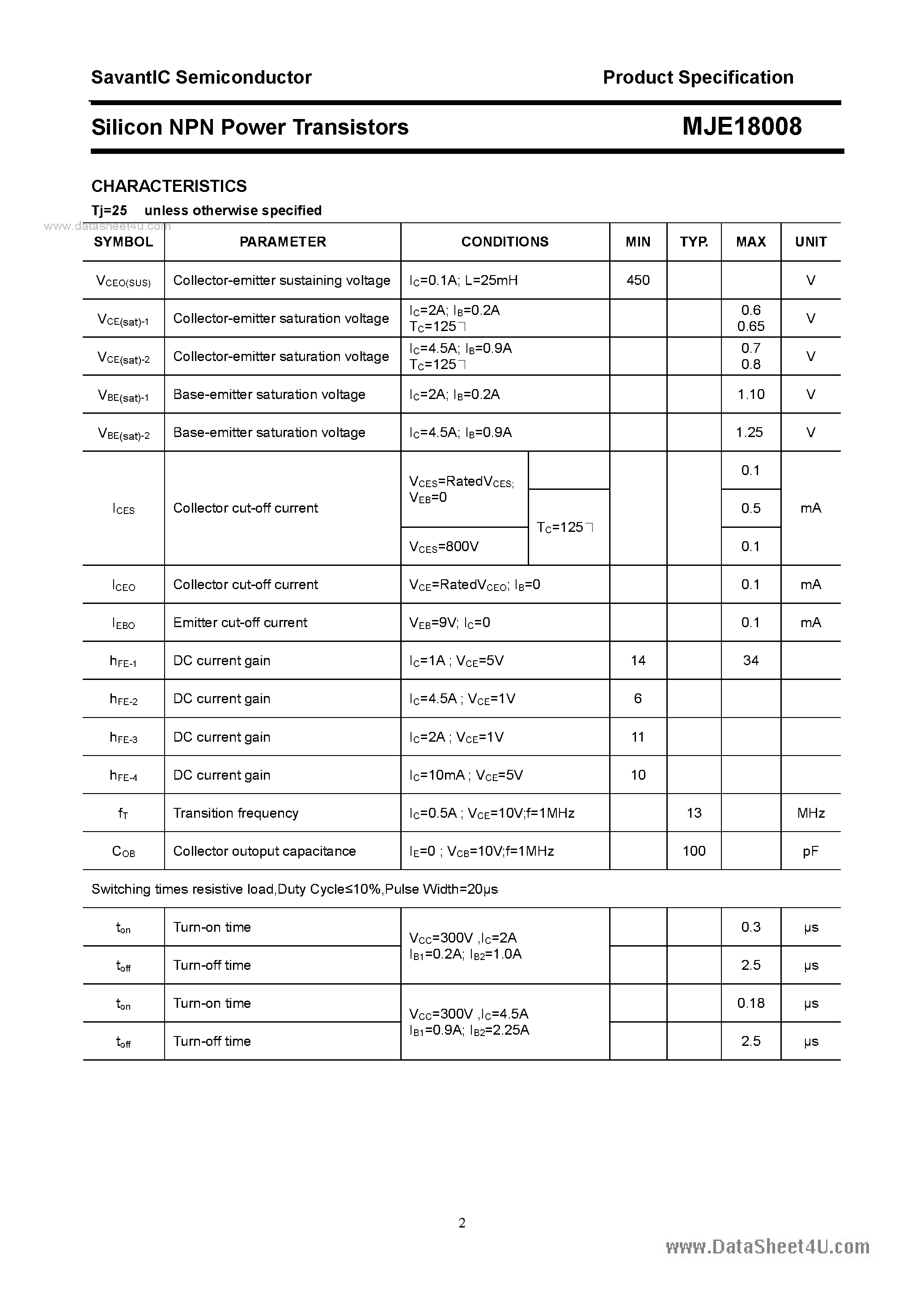 Datasheet MJE18008 - SILICON POWER TRANSISTOR page 2