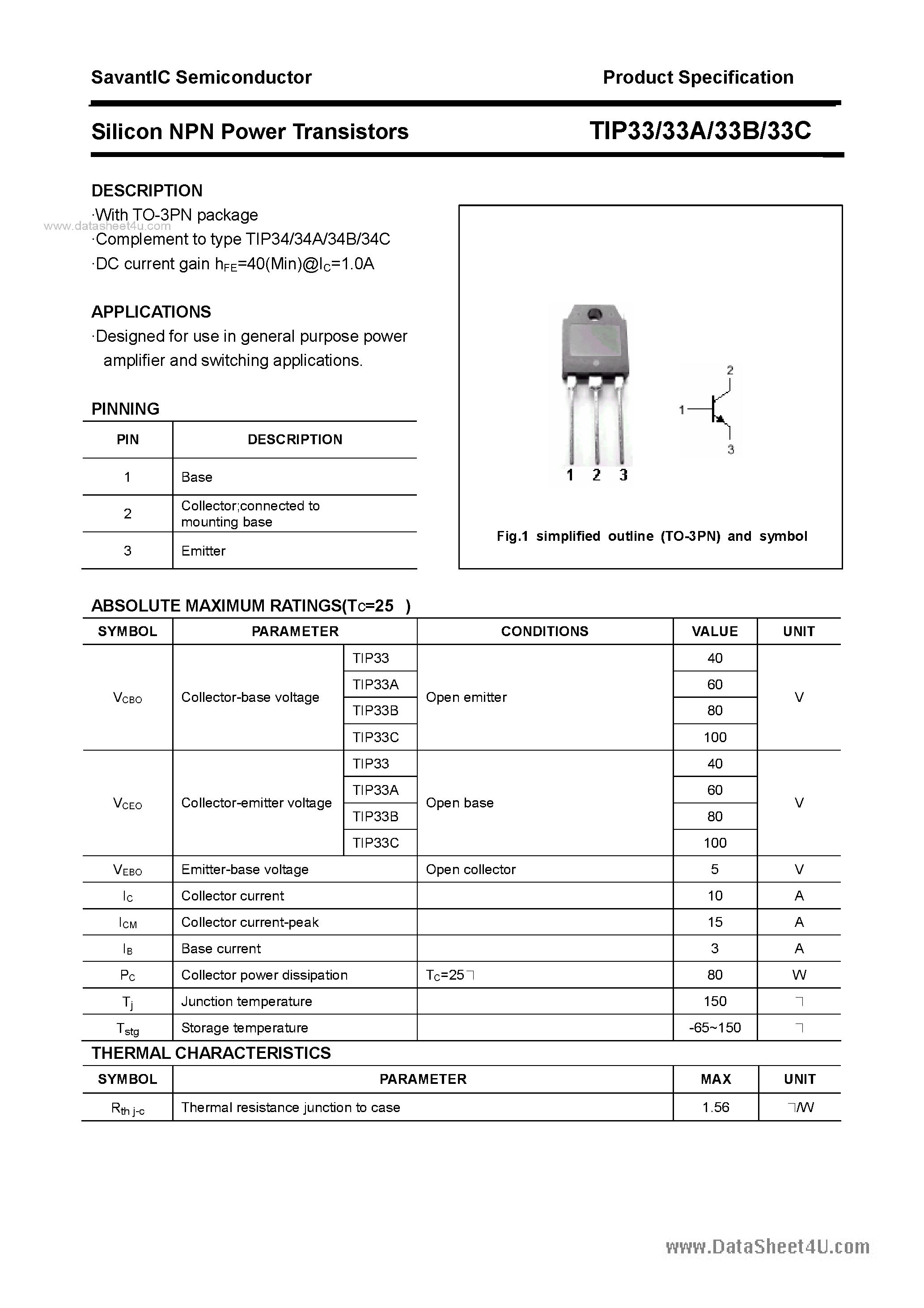 Даташит TIP33 - SILICON POWER TRANSISTOR страница 1