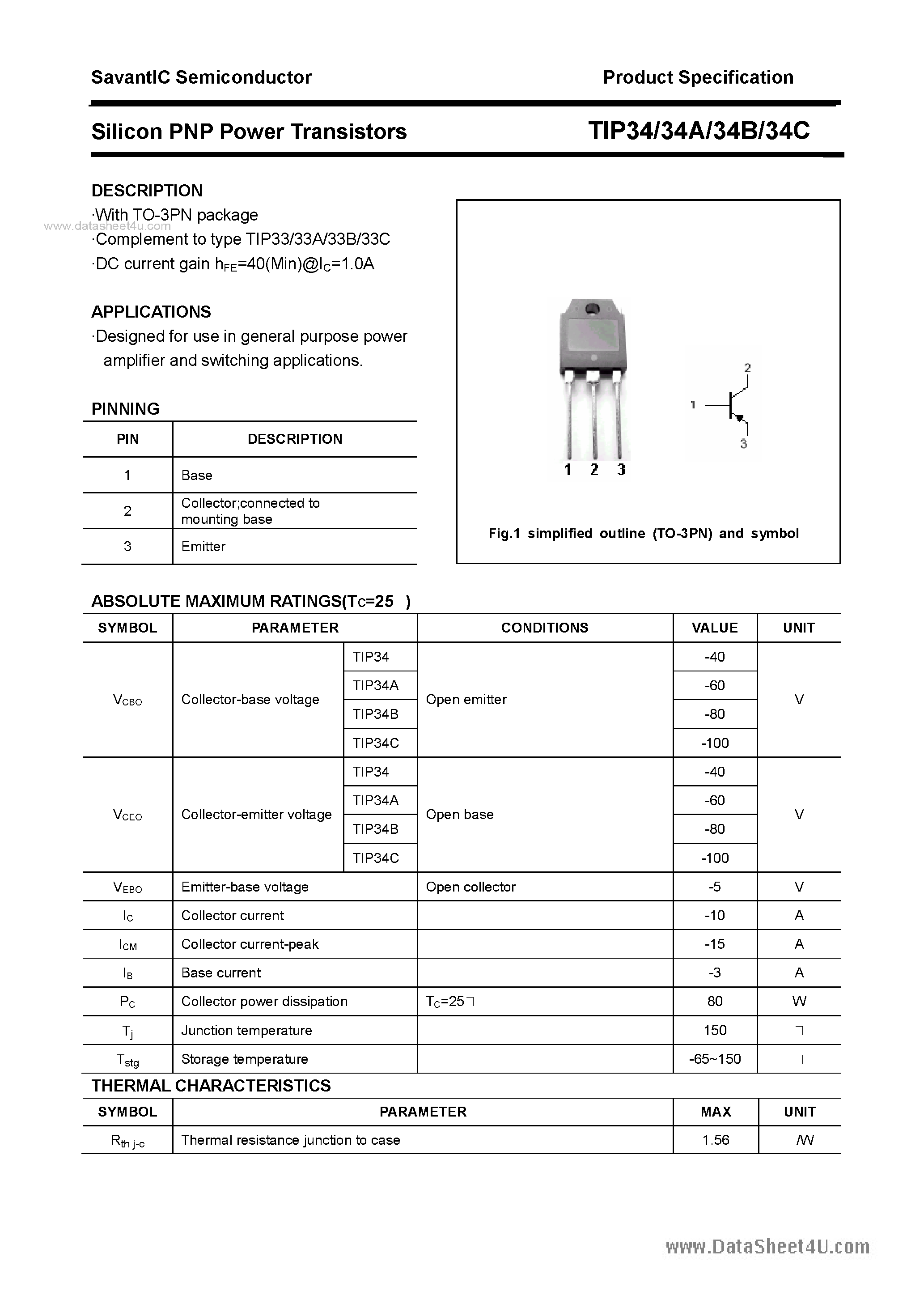 Даташит TIP34 - SILICON POWER TRANSISTOR страница 1