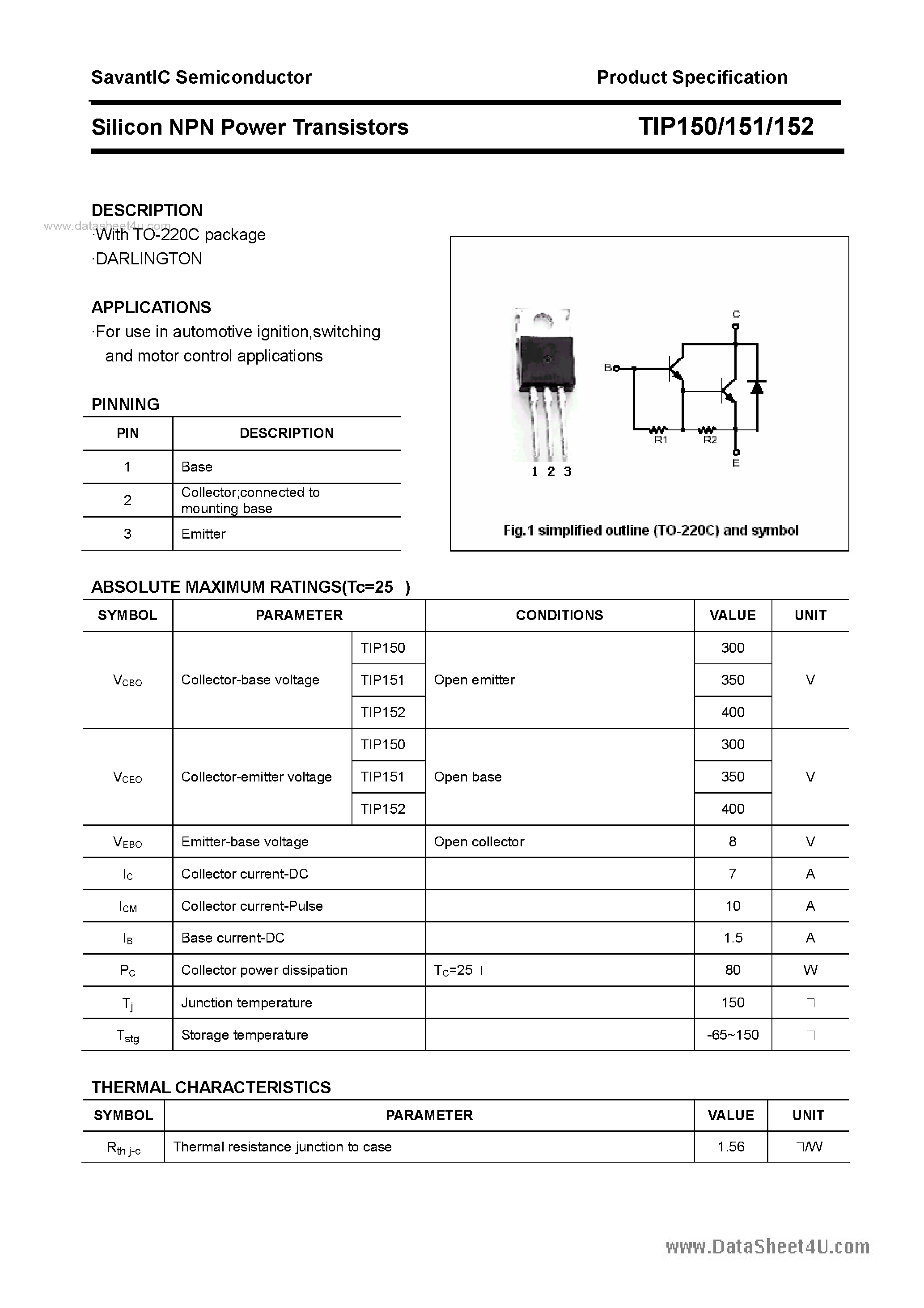 Datasheet TIP150 - (TIP150 - TIP152) SILICON POWER TRANSISTOR page 1