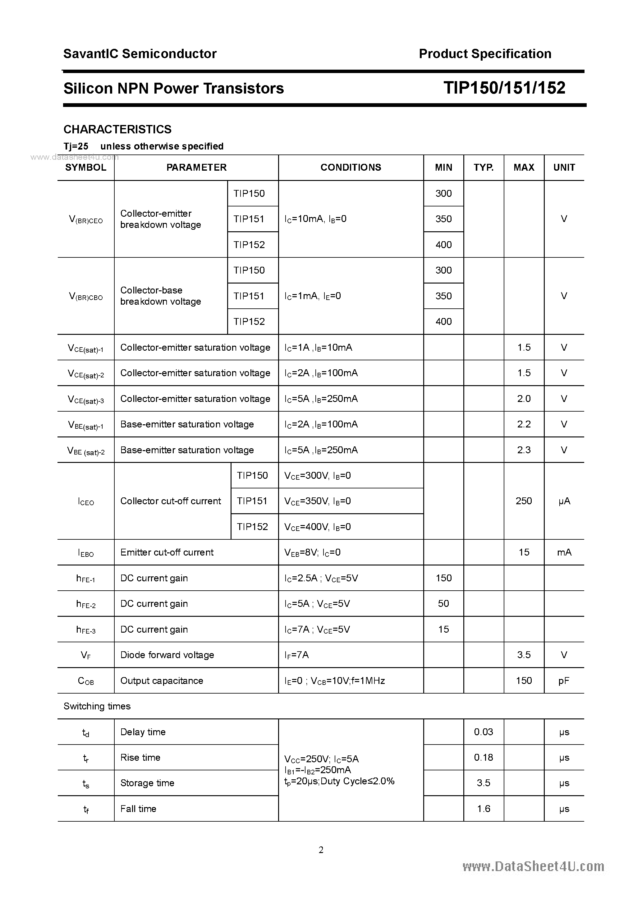 Datasheet TIP150 - (TIP150 - TIP152) SILICON POWER TRANSISTOR page 2