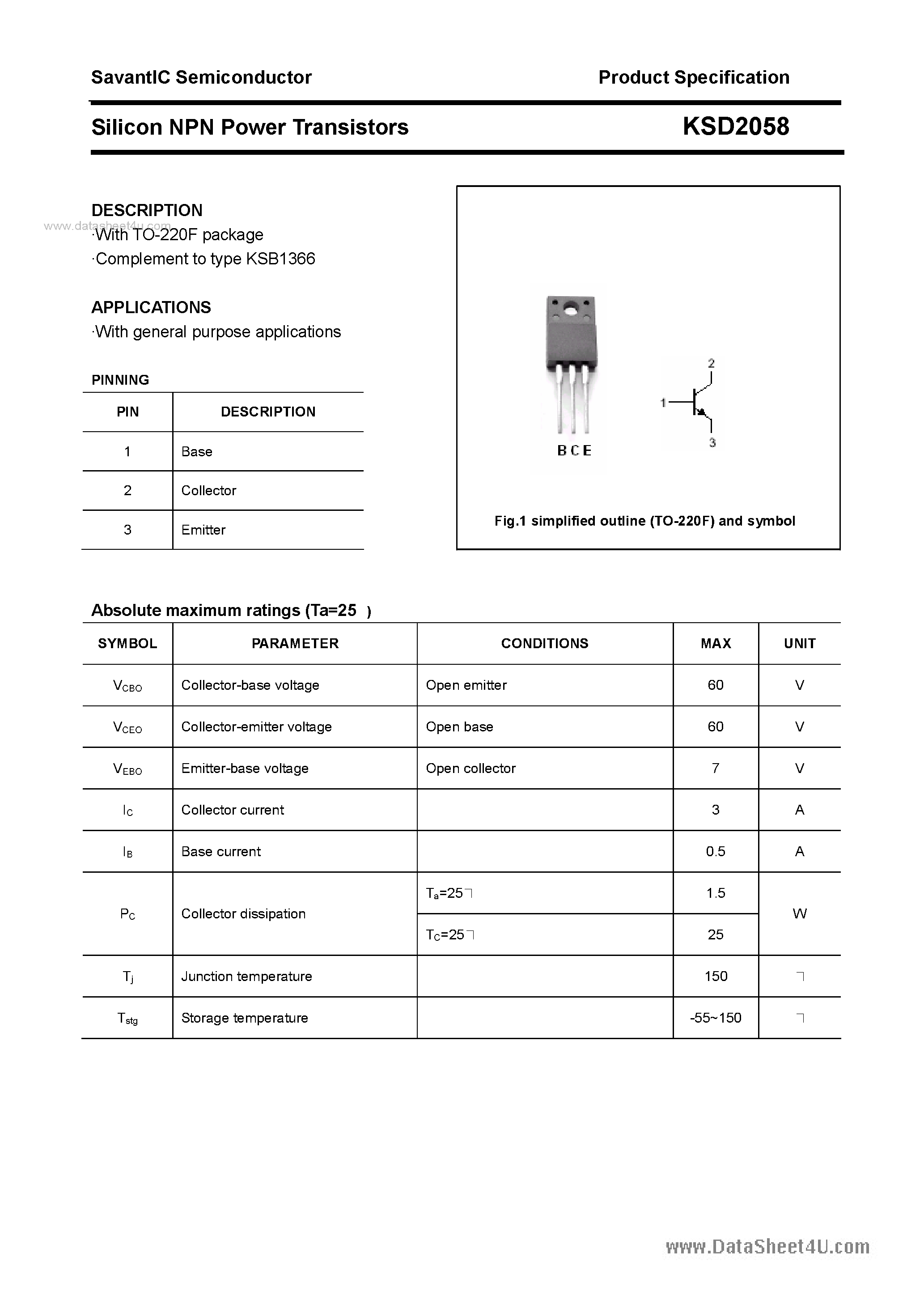 Даташит на микросхему KSD2058 страница 1 Даташит KSD2058 - SILICON POWER TRANSISTOR страница 1