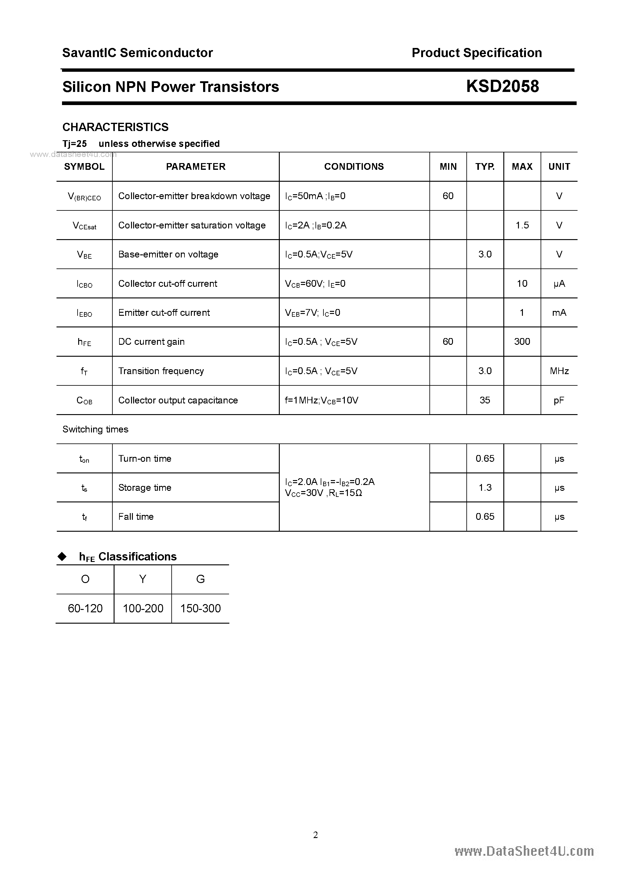 Даташит на микросхему KSD2058 страница 2 Даташит KSD2058 - SILICON POWER TRANSISTOR страница 2