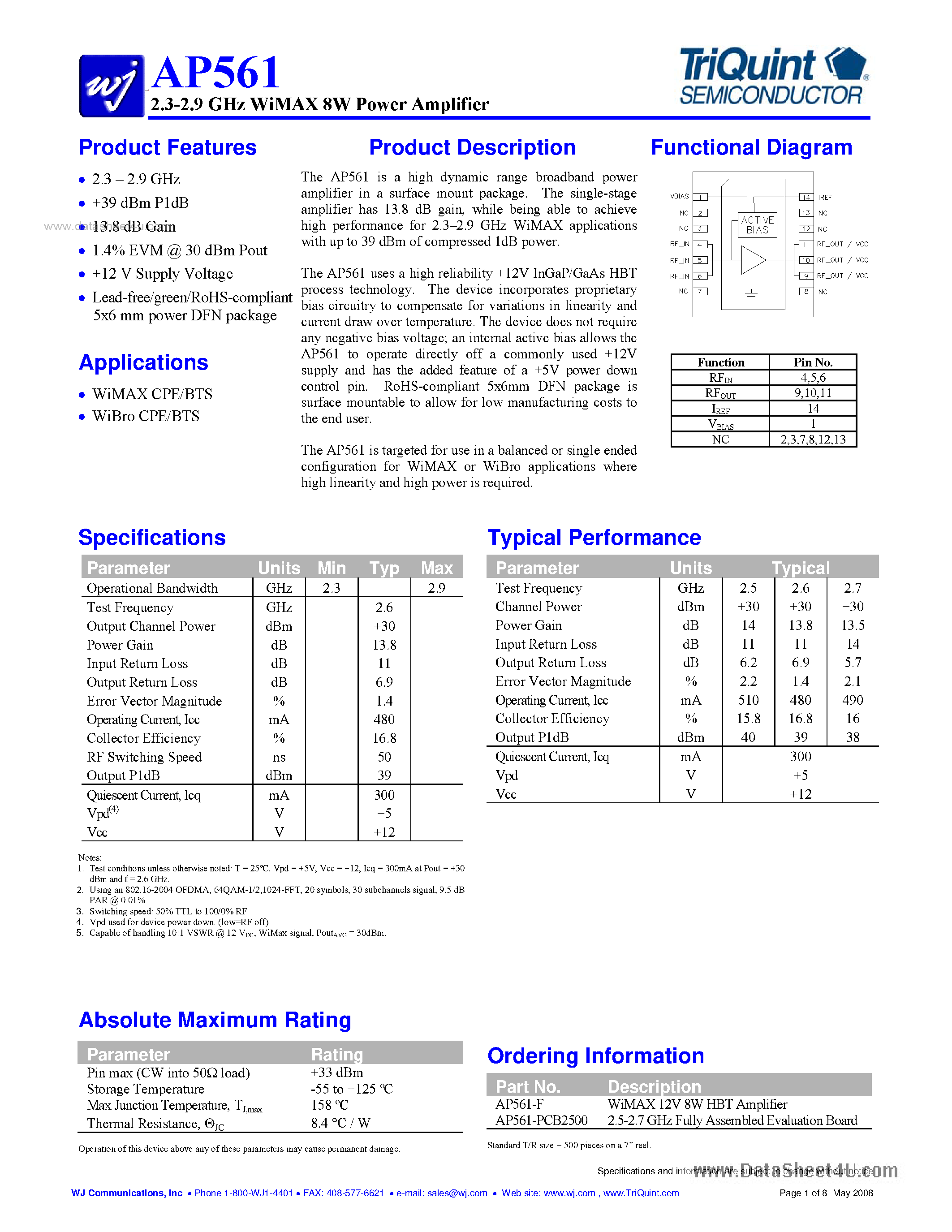 Даташит AP561 - 2.3-2.9 GHz WiMAX 8W Power Amplifier страница 1