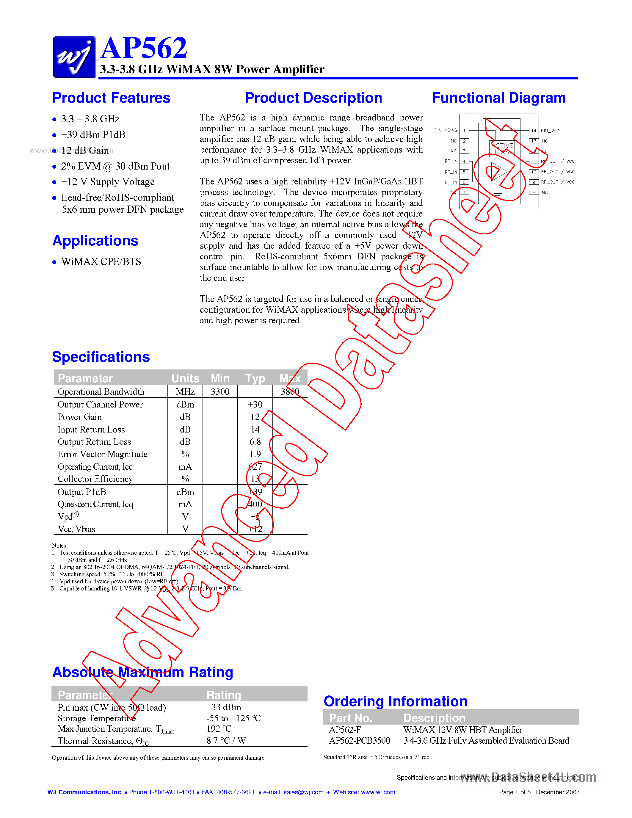 Datasheet AP562 - 3.3 - 3.8 GHz WiMAX 8W Power Amplifier page 1