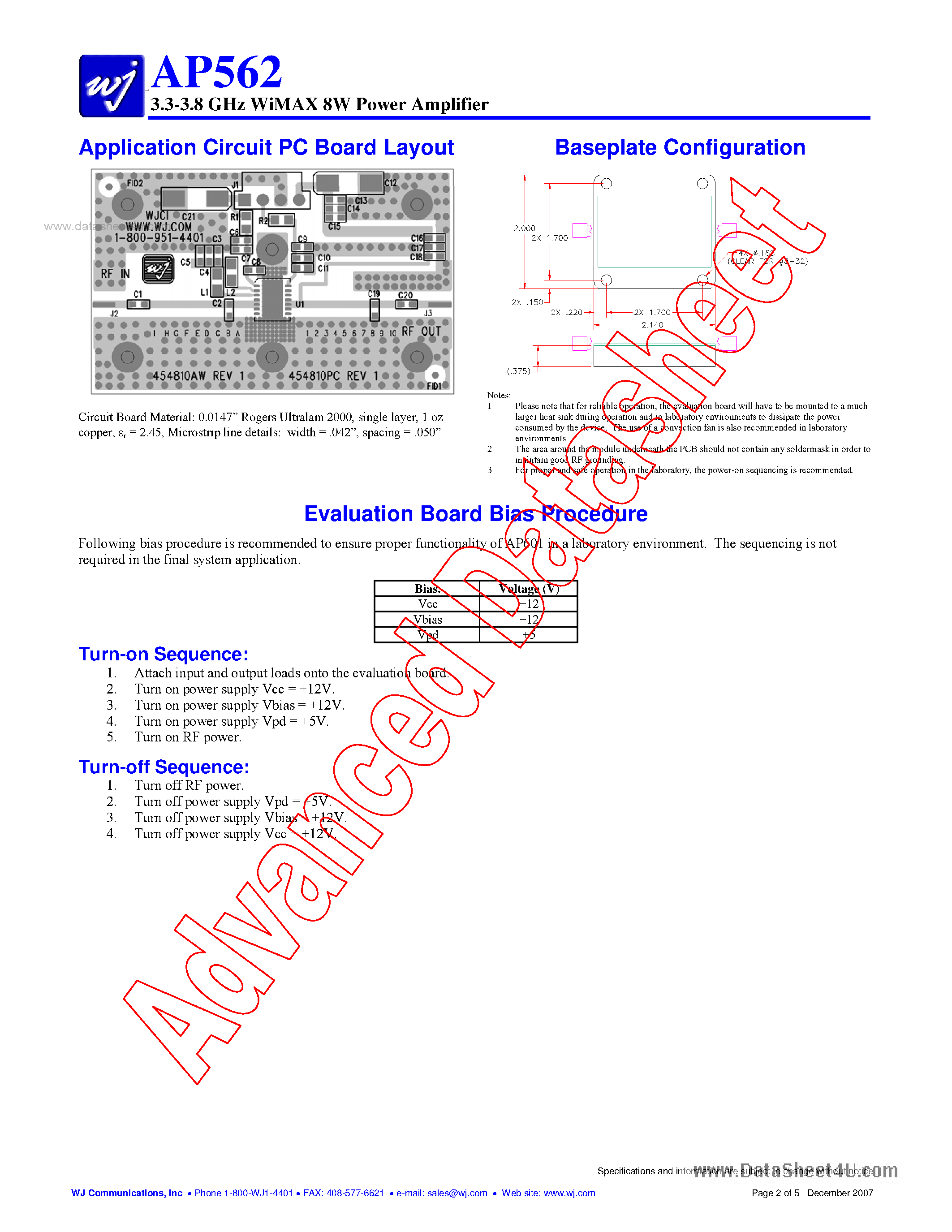 Datasheet AP562 - 3.3 - 3.8 GHz WiMAX 8W Power Amplifier page 2