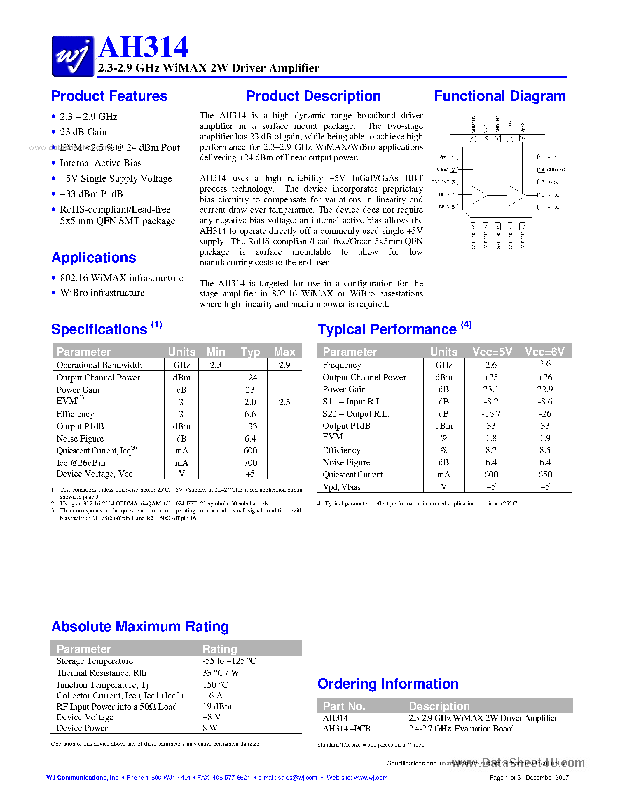 Даташит AH314 - 2.3 - 2.9 GHz WiMAX 2W Driver Amplifier страница 1