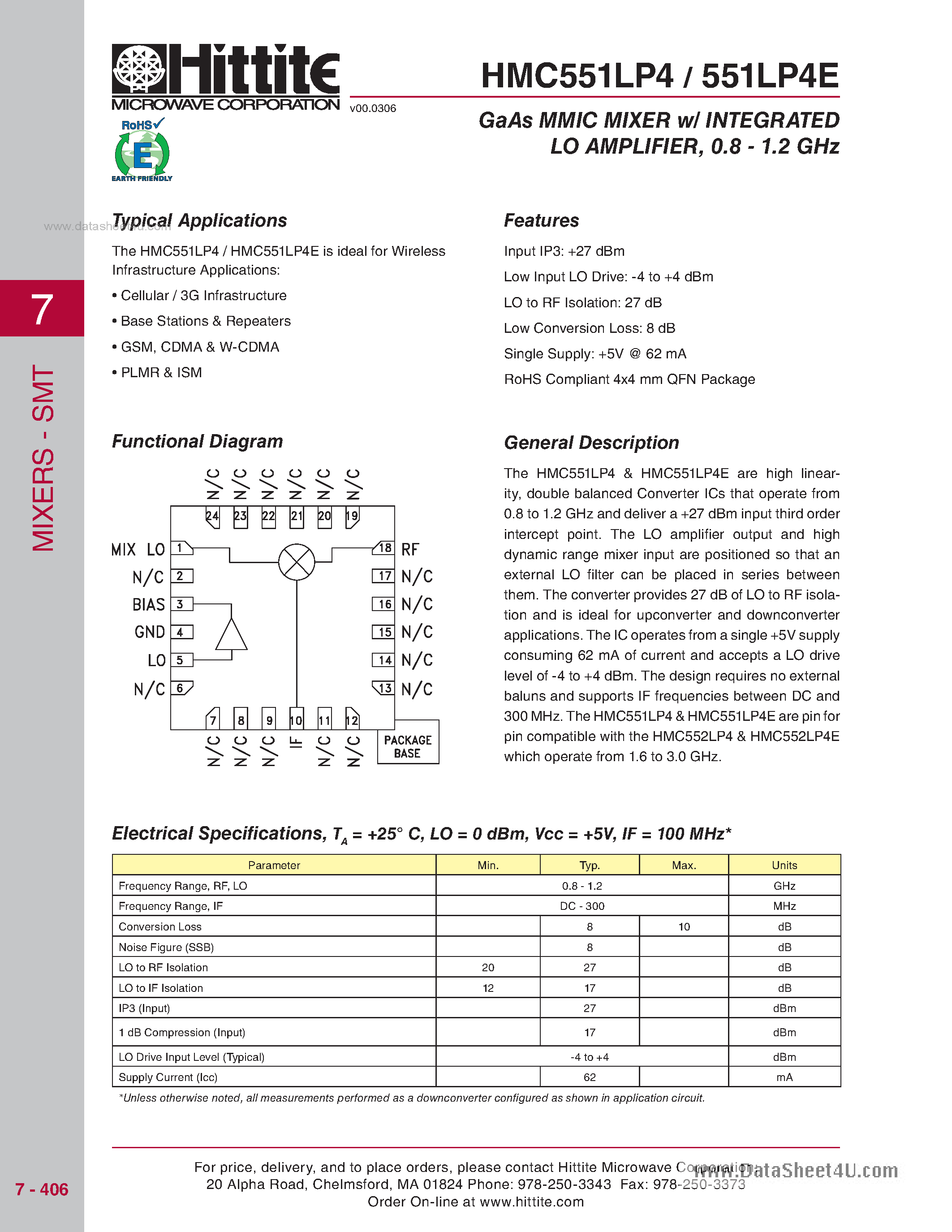 Даташит HMC551LP4E - GaAs MMIC MIXER w/ INTEGRATED LO AMPLIFIER страница 1