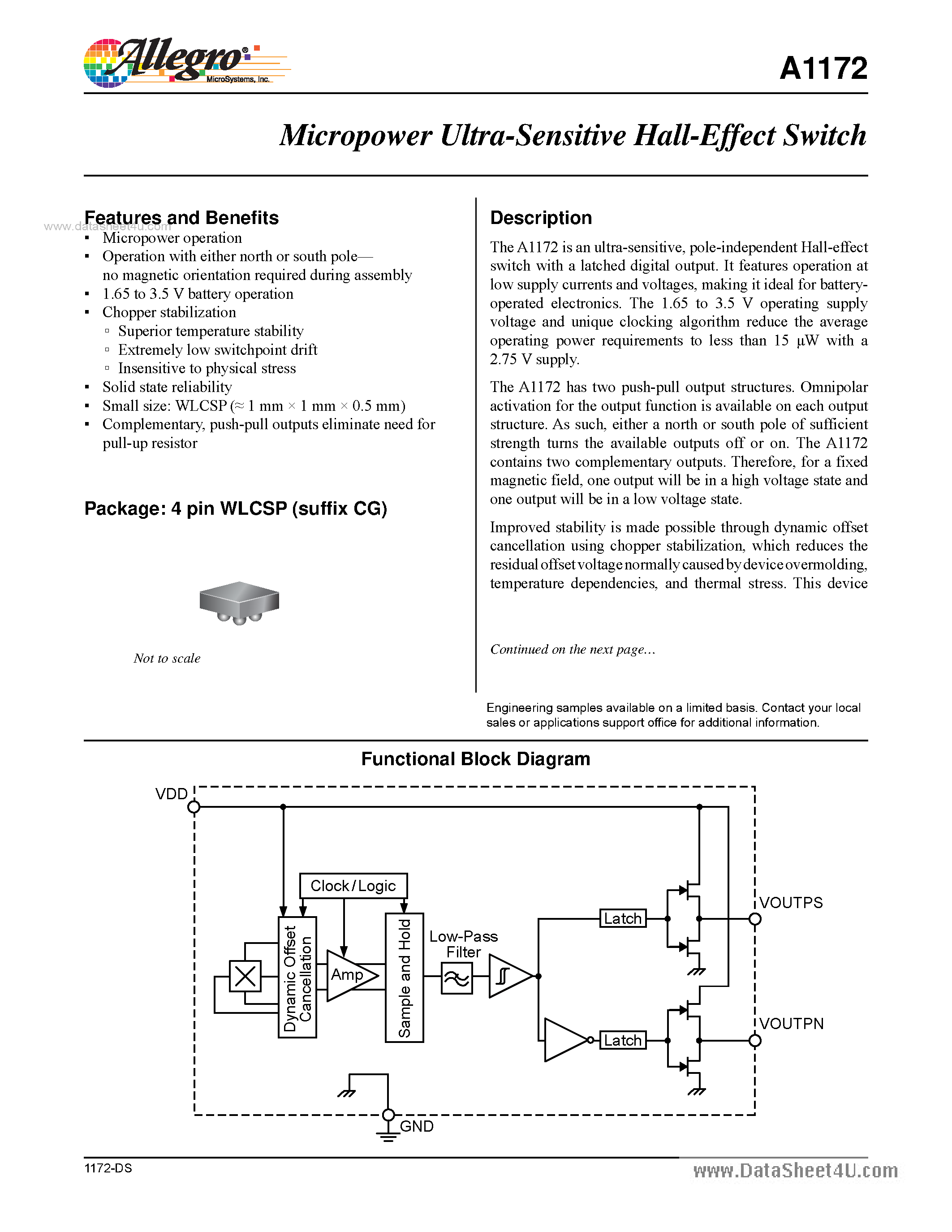 Даташит на микросхему A1172 страница 1 Даташит A1172 - Micropower Ultra-Sensitive Hall-Ef fect Switch страница 1