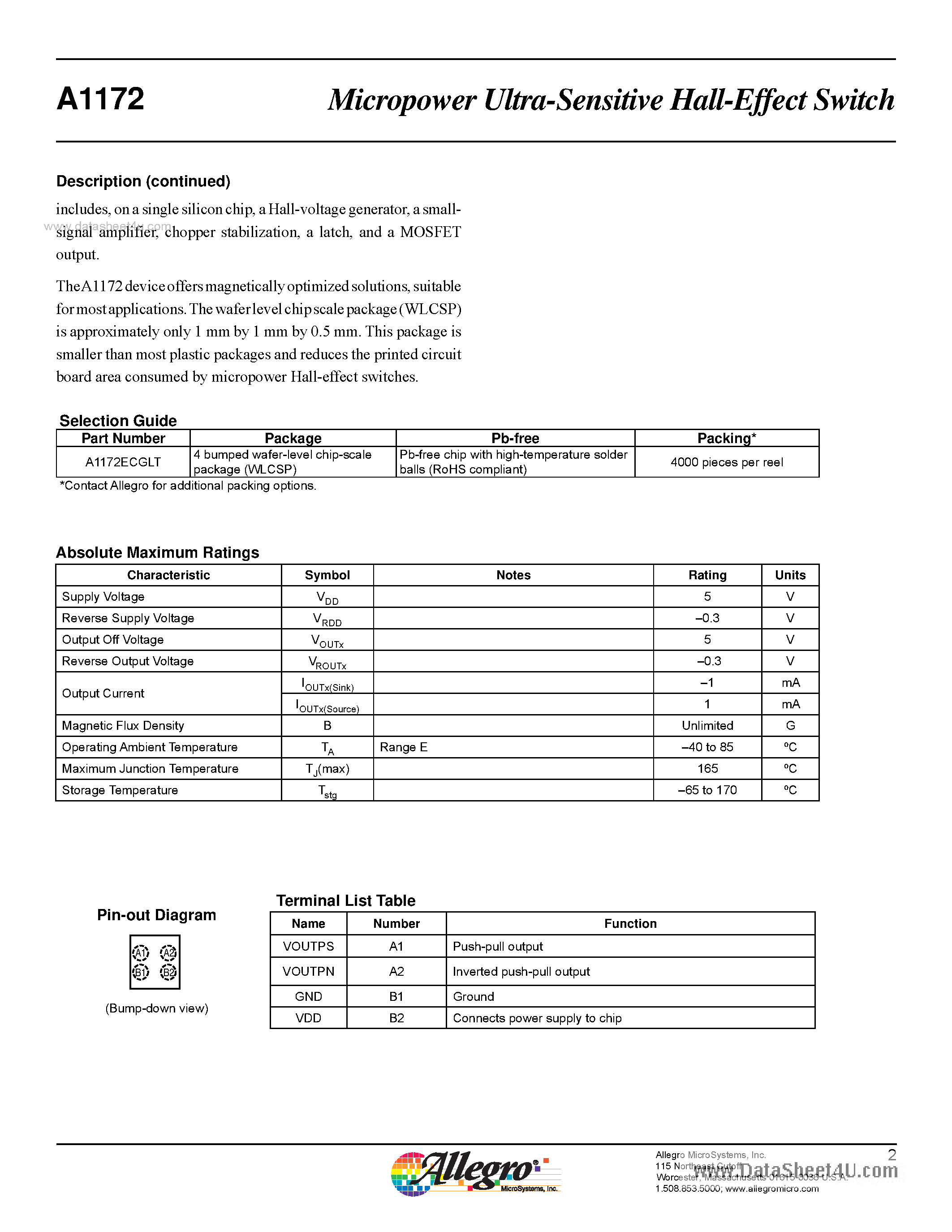Даташит на микросхему A1172 страница 2 Даташит A1172 - Micropower Ultra-Sensitive Hall-Ef fect Switch страница 2