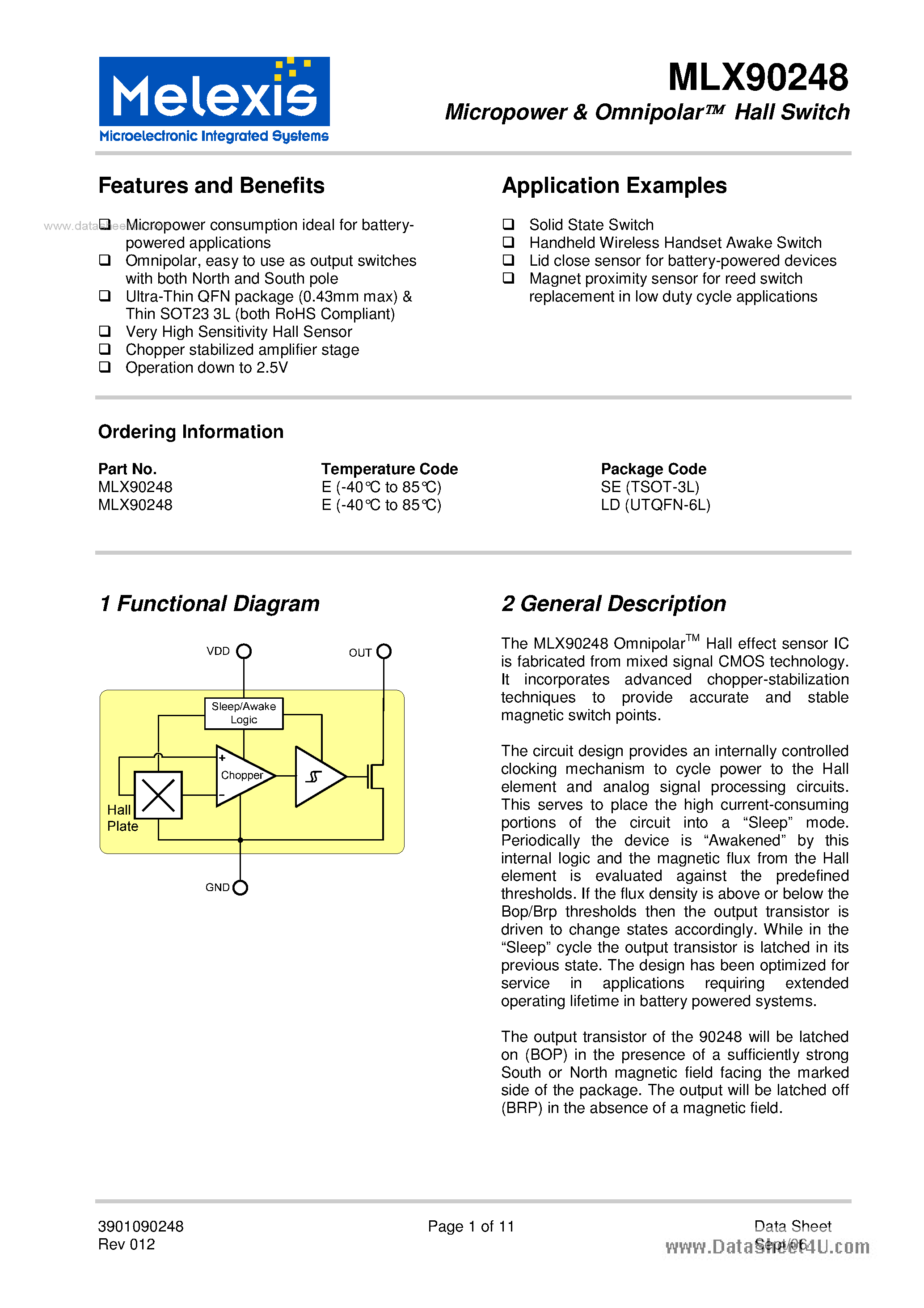 Datasheet MLX90248 - Micropower & Omnipolar Hall Switch page 1