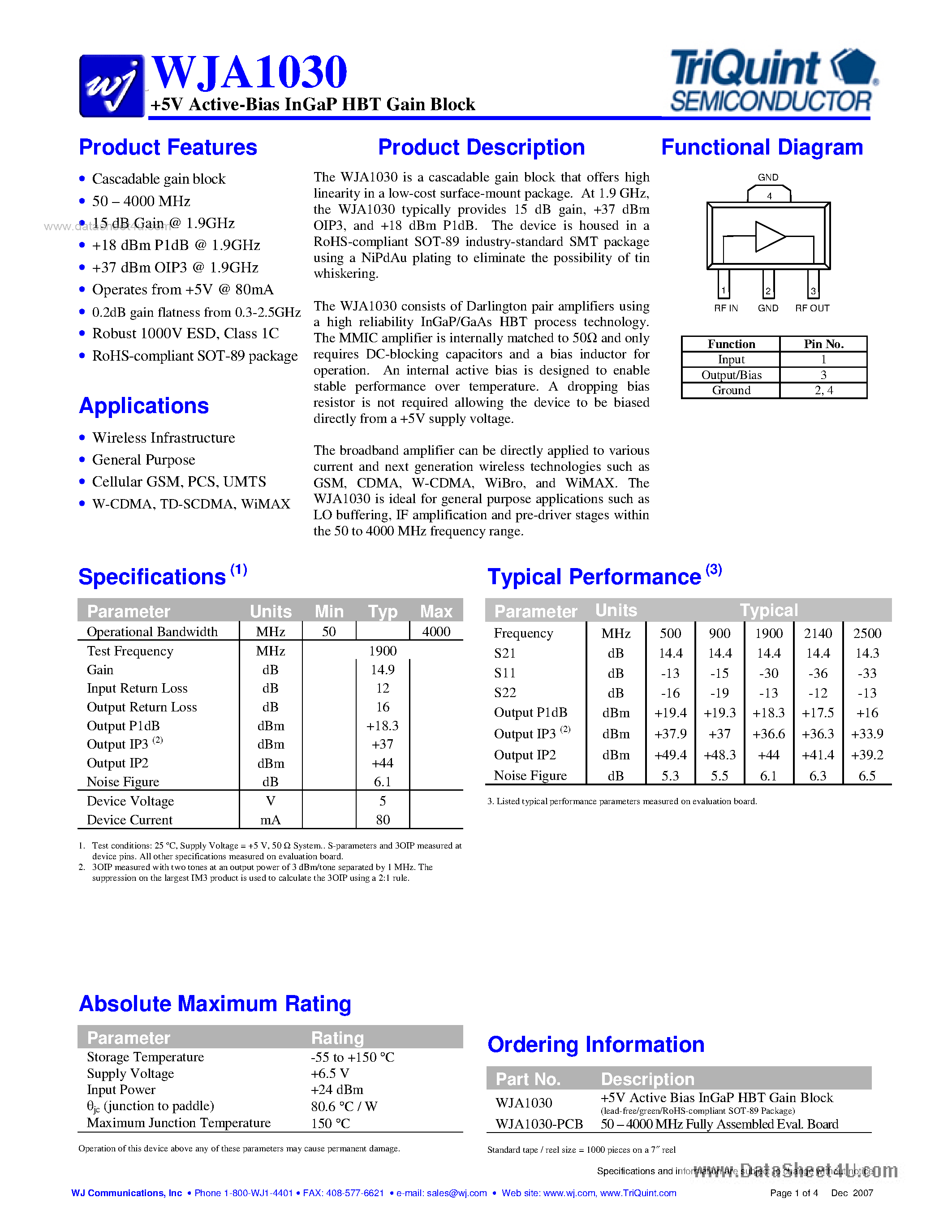 Datasheet WJA1030 page 1 Datasheet WJA1030 - 5V Active-Bias InGaP HBT Gain Block page 1