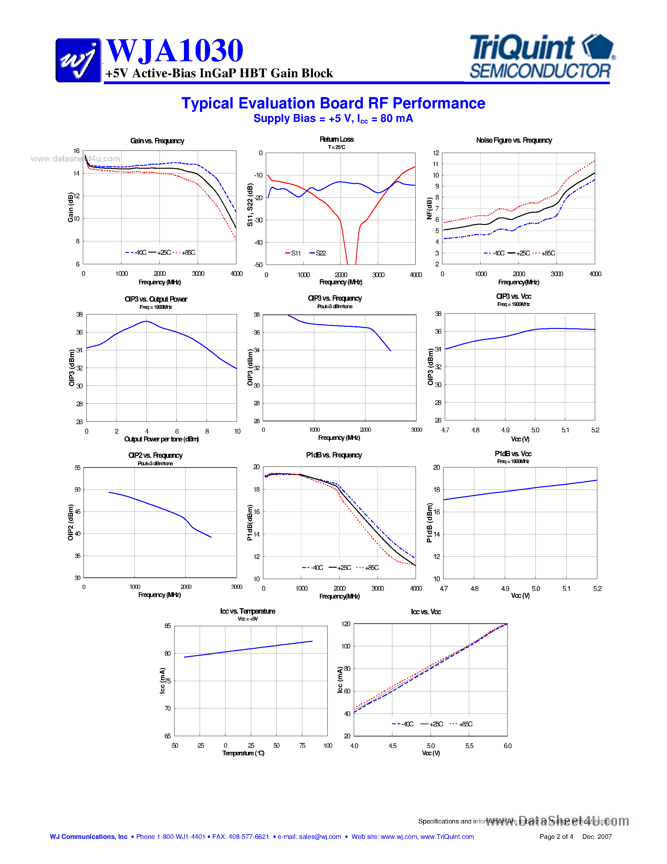 Datasheet WJA1030 page 2 Datasheet WJA1030 - 5V Active-Bias InGaP HBT Gain Block page 2