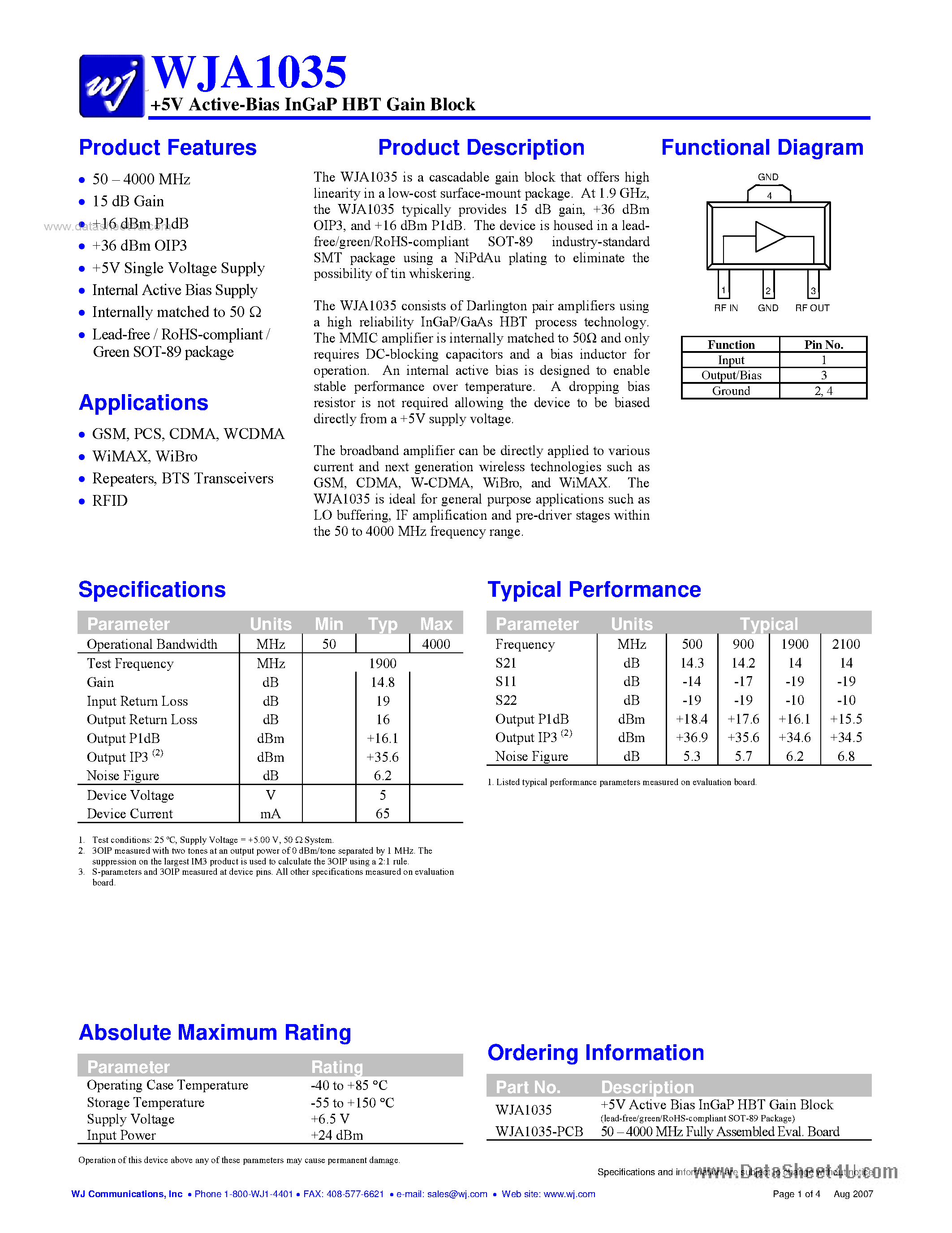 Datasheet WJA1035 page 1 Datasheet WJA1035 - 5V Active-Bias InGaP HBT Gain Block page 1