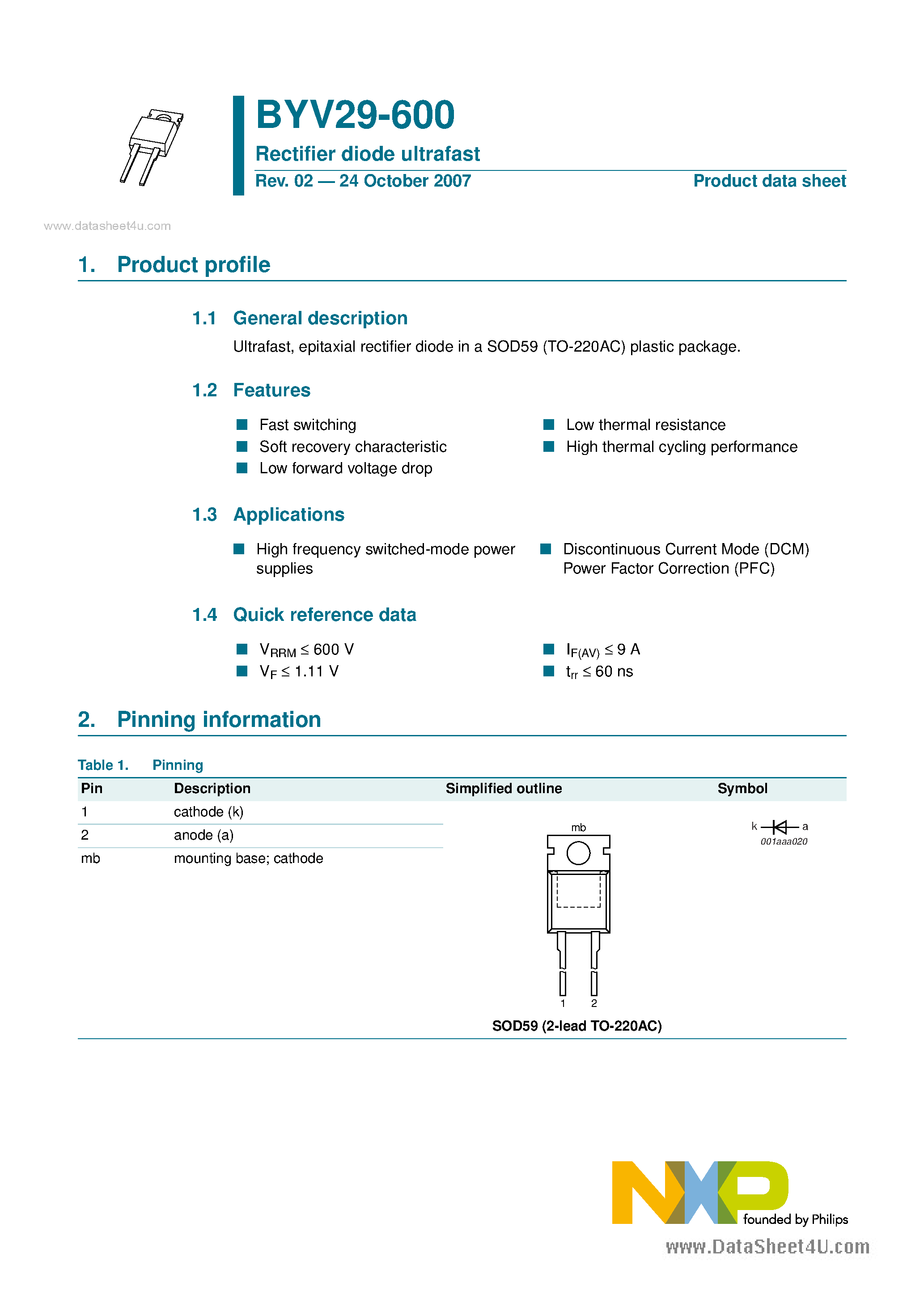 Datasheet BYV29-600 page 1 Datasheet BYV29-600 - Rectifier diodes page 1