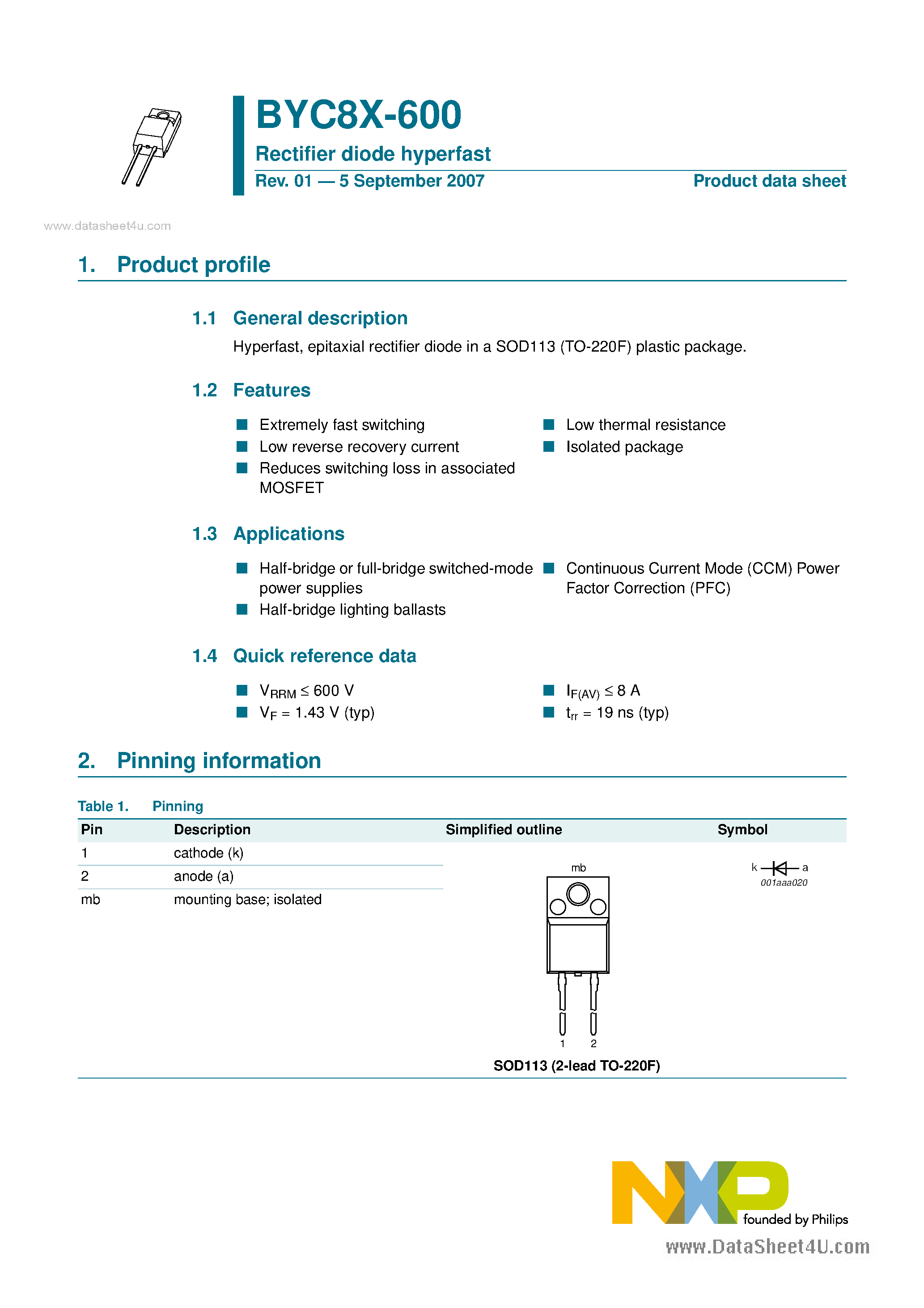 Datasheet BYC8X-600 - Rectifier Diode Hyperfast page 1