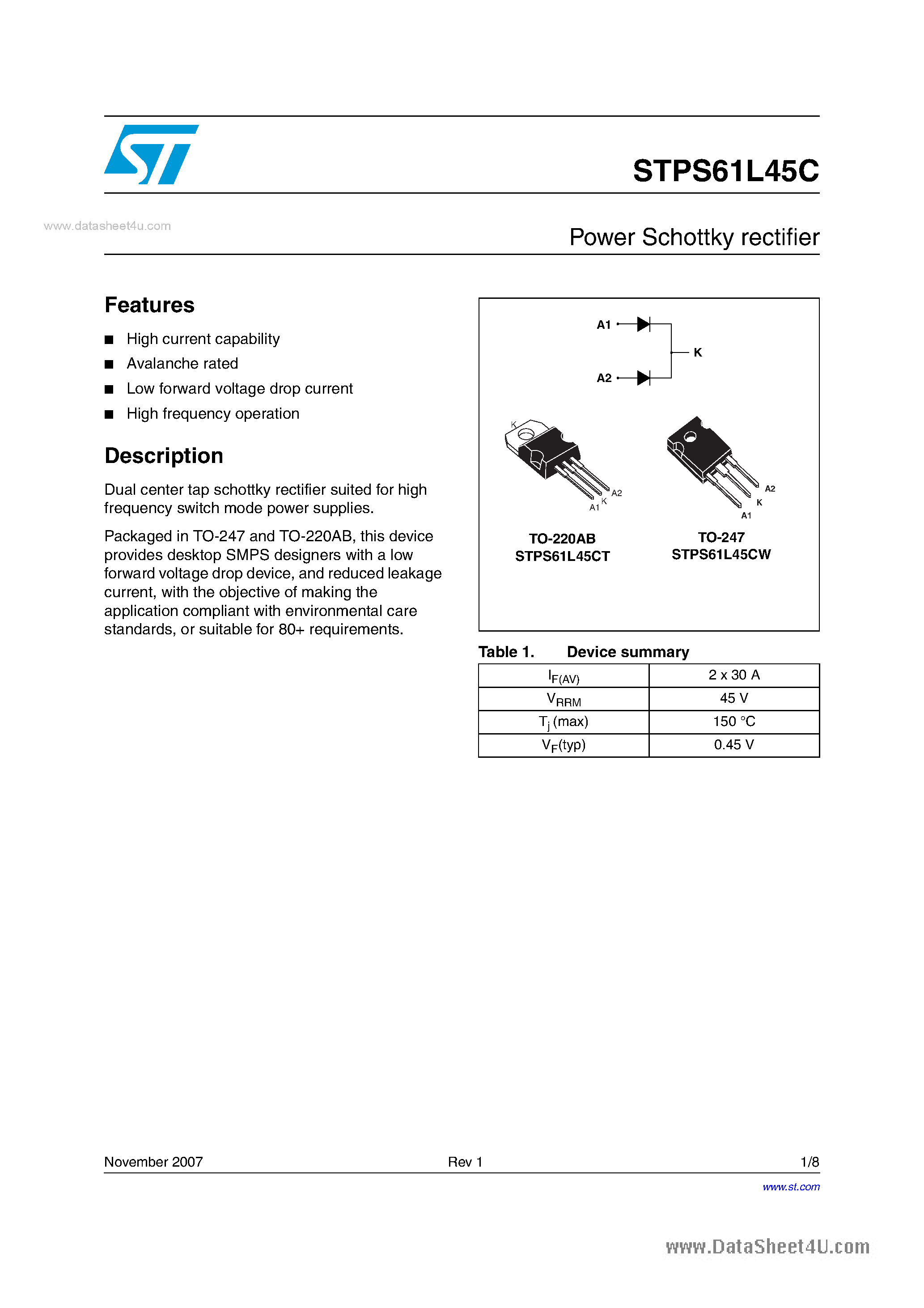 Datasheet STPS61L45C - Power Schottky rectifier page 1