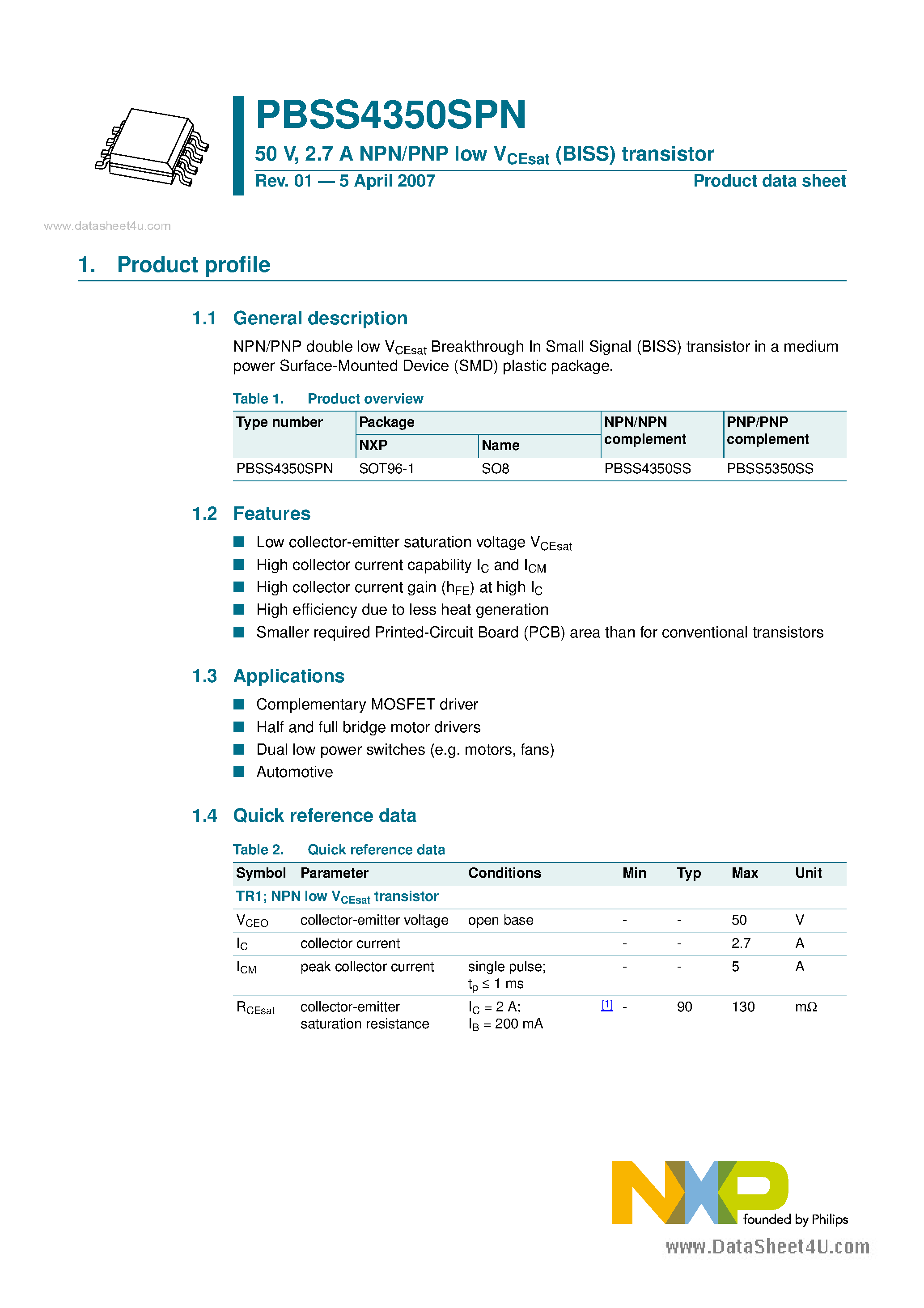 Datasheet PBSS4350SPN - 2.7A NPN/PNP Low VCEsat (BISS) Transistor page 1