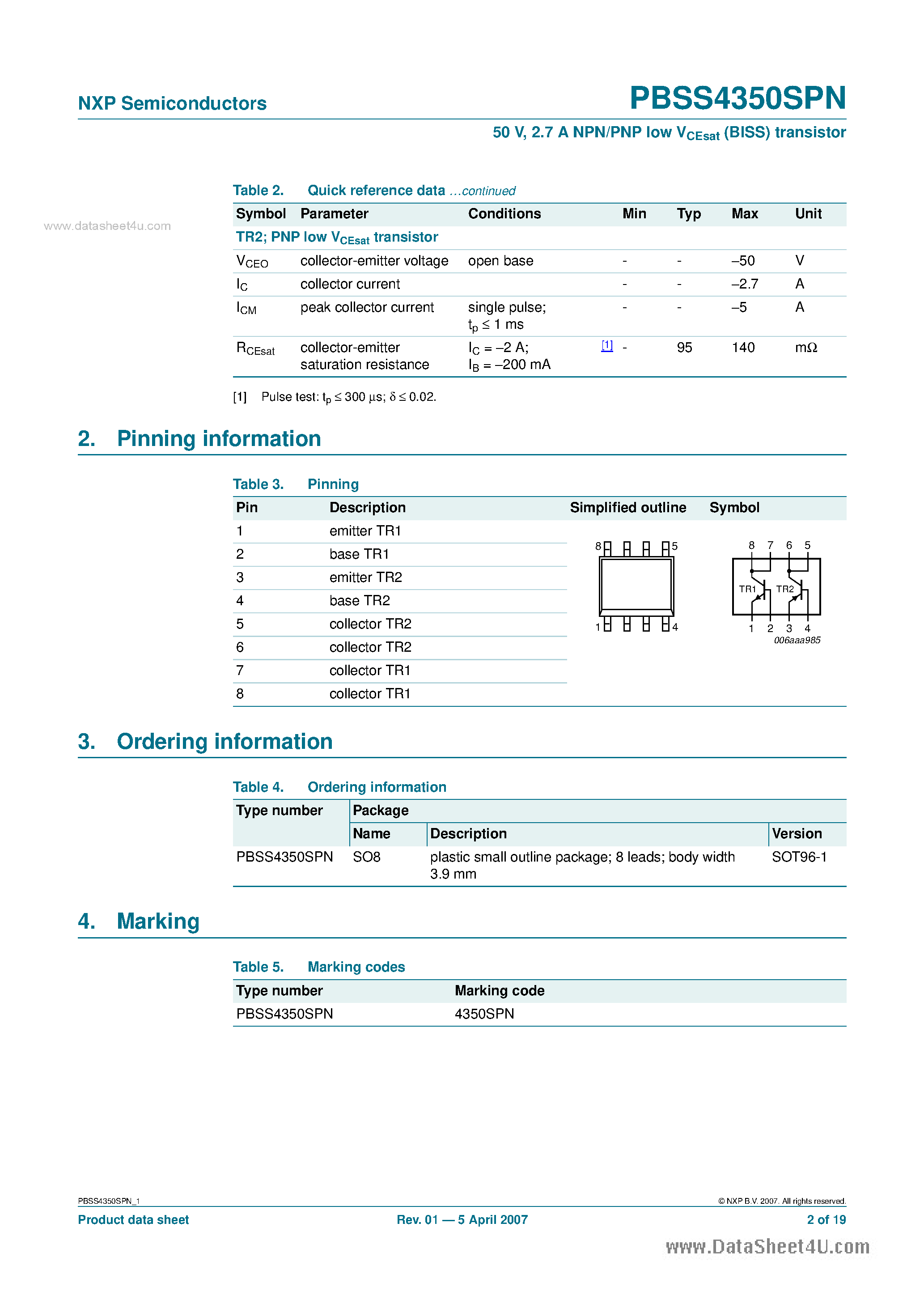 Datasheet PBSS4350SPN - 2.7A NPN/PNP Low VCEsat (BISS) Transistor page 2