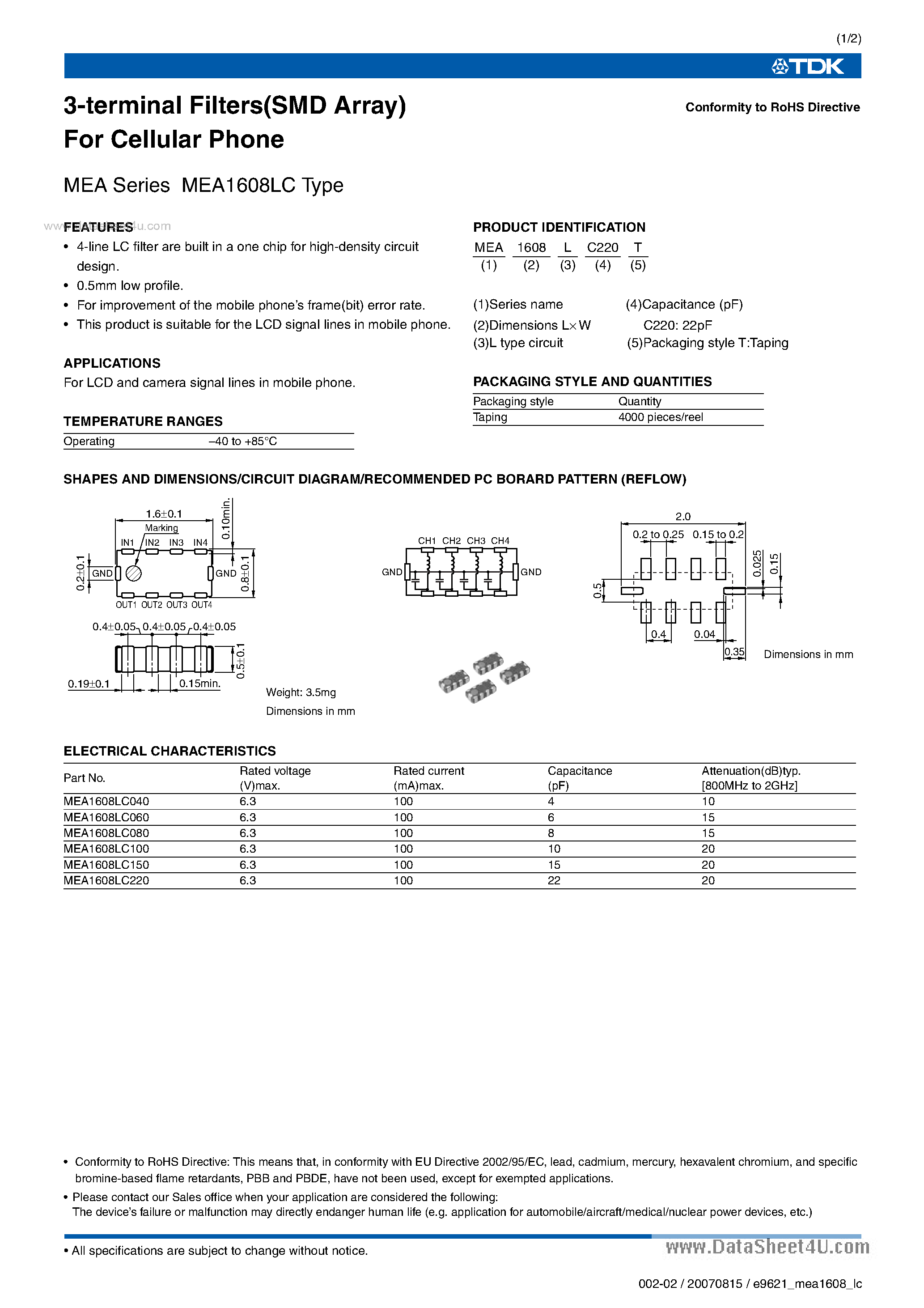 Datasheet MEA1608LC150 - 3-terminal Filters page 1